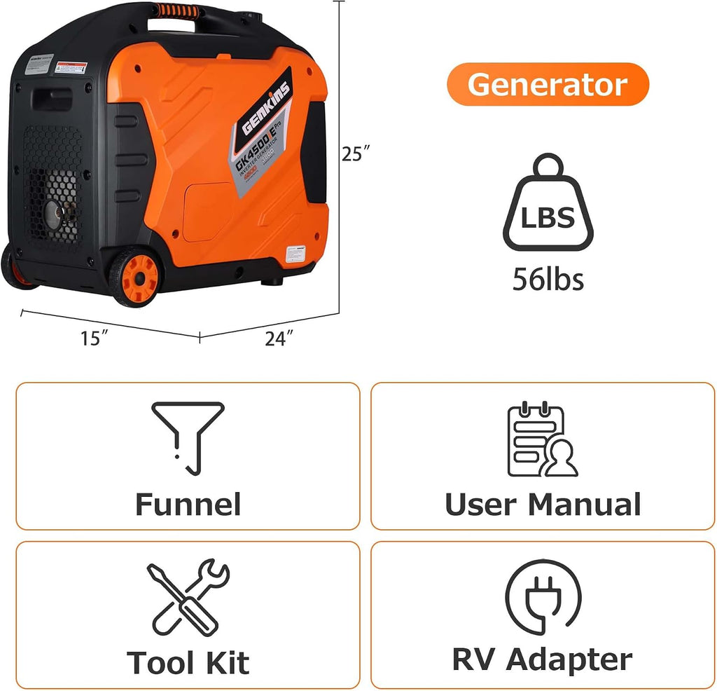 Genkins Portable Inverter Generator 4500W Gas Powered Pure Sine Wave Lightweight Quiet Parallel Capability for Camping RV Home Backup (Electric start)