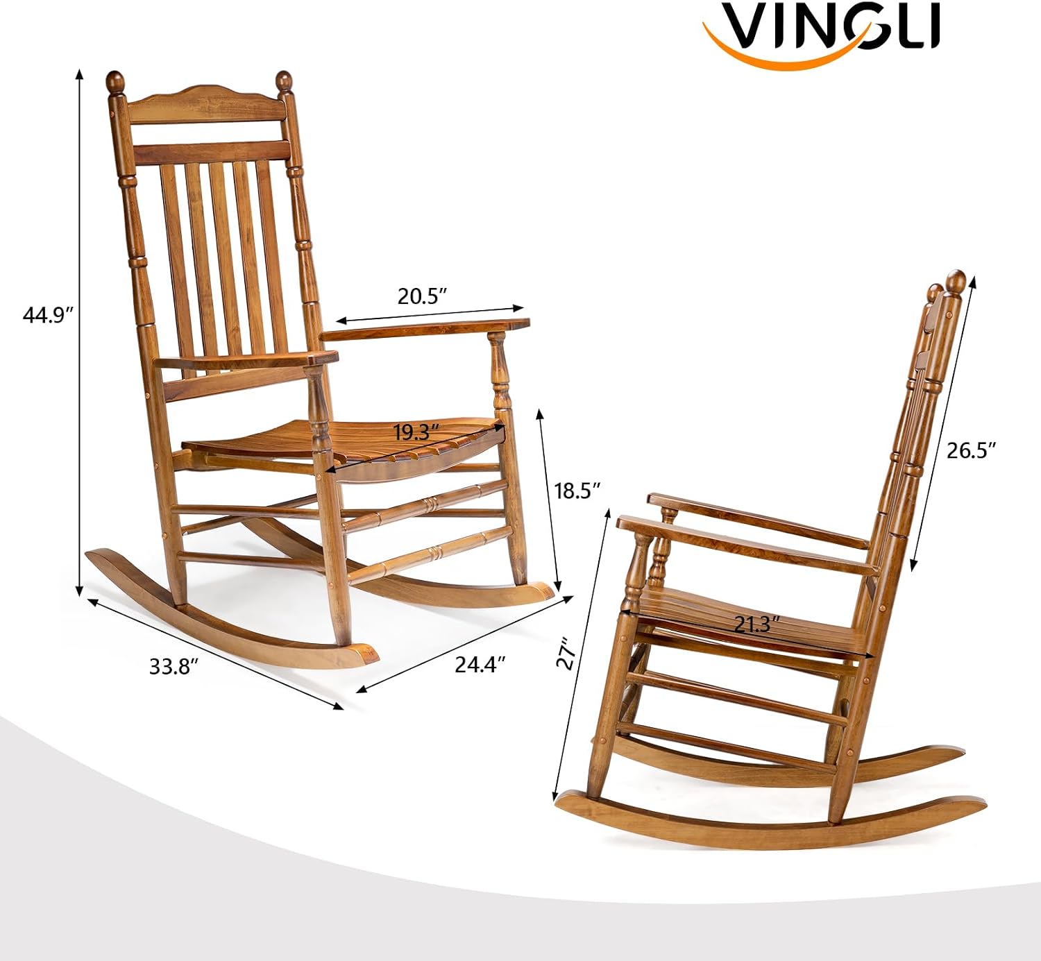 VINGLI Wooden Rocking Chair Outdoor Set of 2, Patio Rockers with High Back, Support 450 LBS Rocking Chairs, for Porch, Patio, Balcony, Garden, Yard (Oak, 2 PCS)