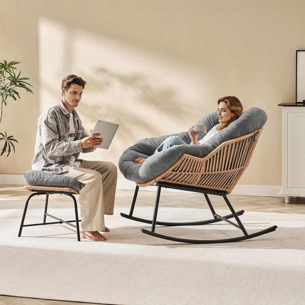 ONBRILL Papasan Rocking Chair with Ottoman,Oversized Papasan Chair with Padded Cushion, Indoor & Outdoor Rocker Chair for Living Room, Patio, Garden, Gray
