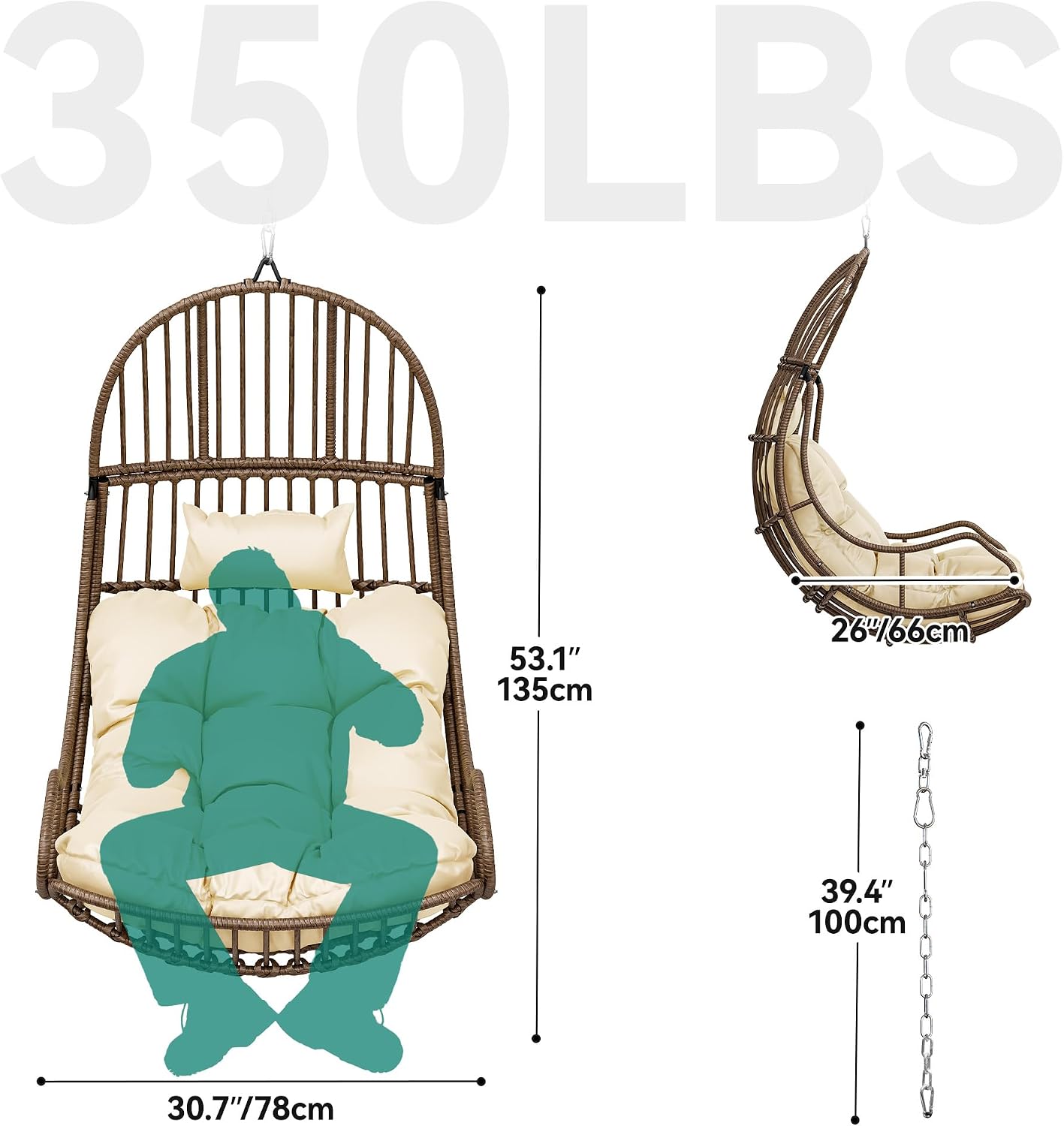 YITAHOME Hanging Egg Swing Chair Egg Chair Wicker Indoor Outdoor Hammock Egg Chair with Cushions 330lbs for Patio, Bedroom, Garden and Balcony, Beige (Stand not Included)