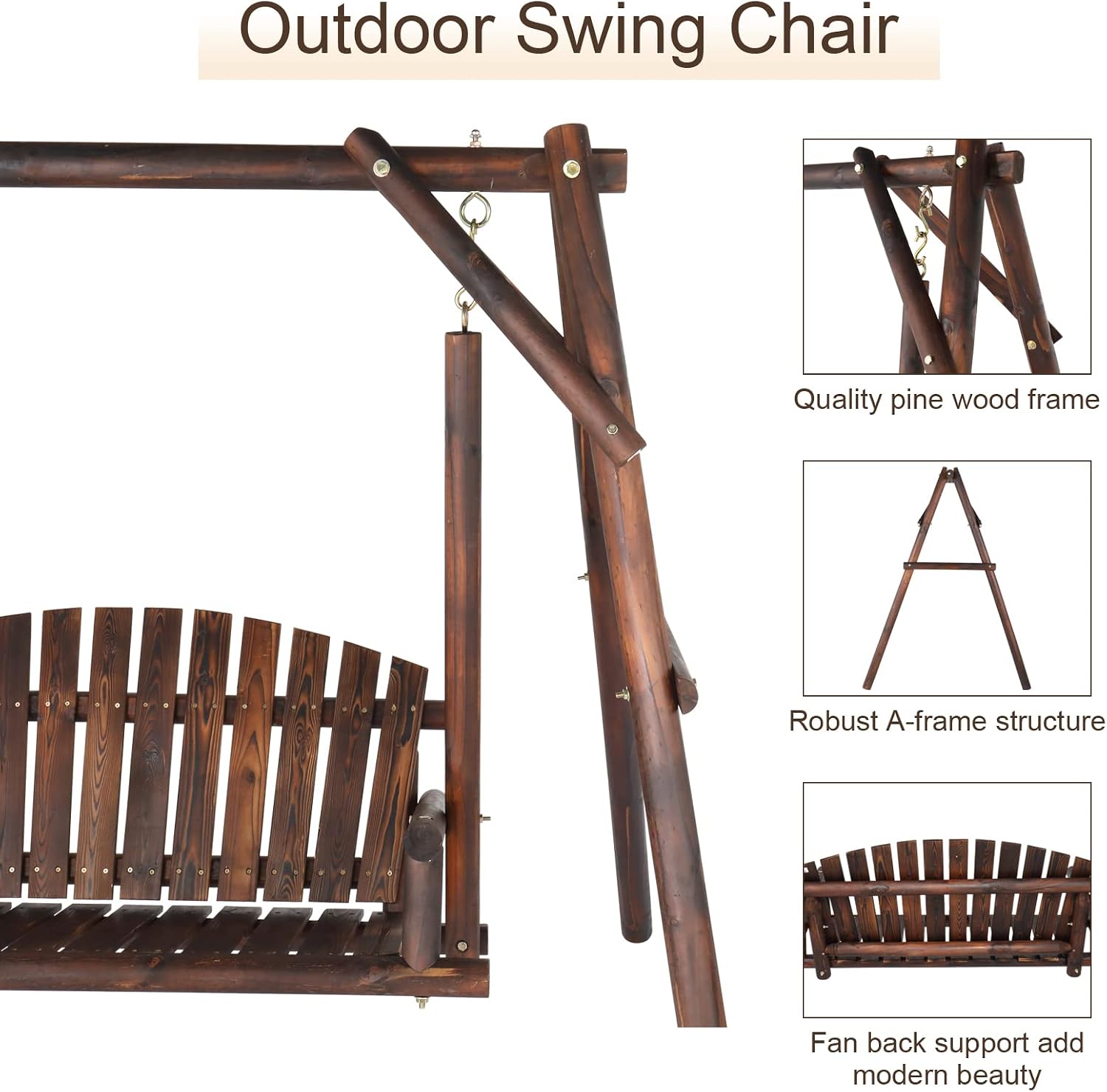 VINGLI Heavy Duty 880 LBS Wooden Patio Porch Swing with A-Frame Stand, Hanging Swing Bench Chair with Frame for Outside, Yard, Garden (Rustic Sequoia Dusk)