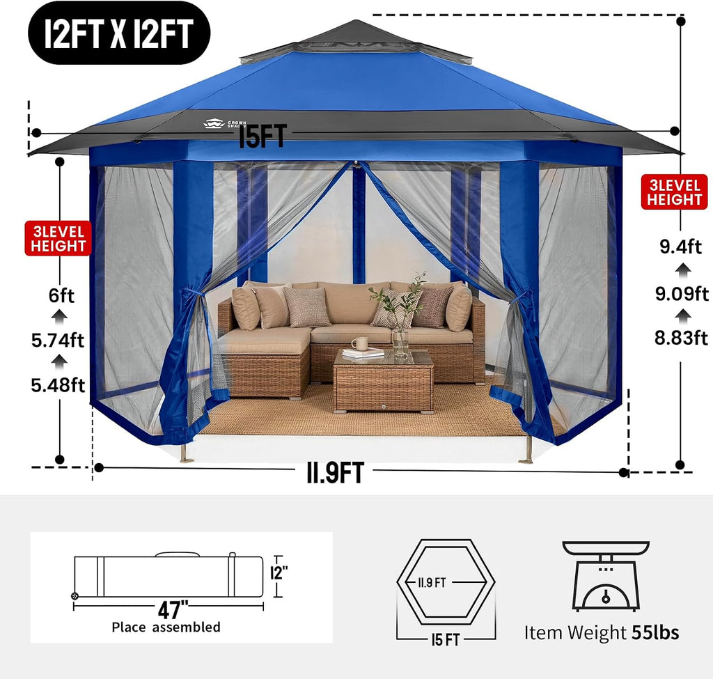 CROWN SHADES 12x12 Pop Up Gazebo with Mosquito Nettings, Patented Center Lock 6-Sided Portable Gazebo, 300D Silver-Coated Fabric UV Resistant, Pop Up Canopy Tent for Patio, Party, Blue&Light Grey