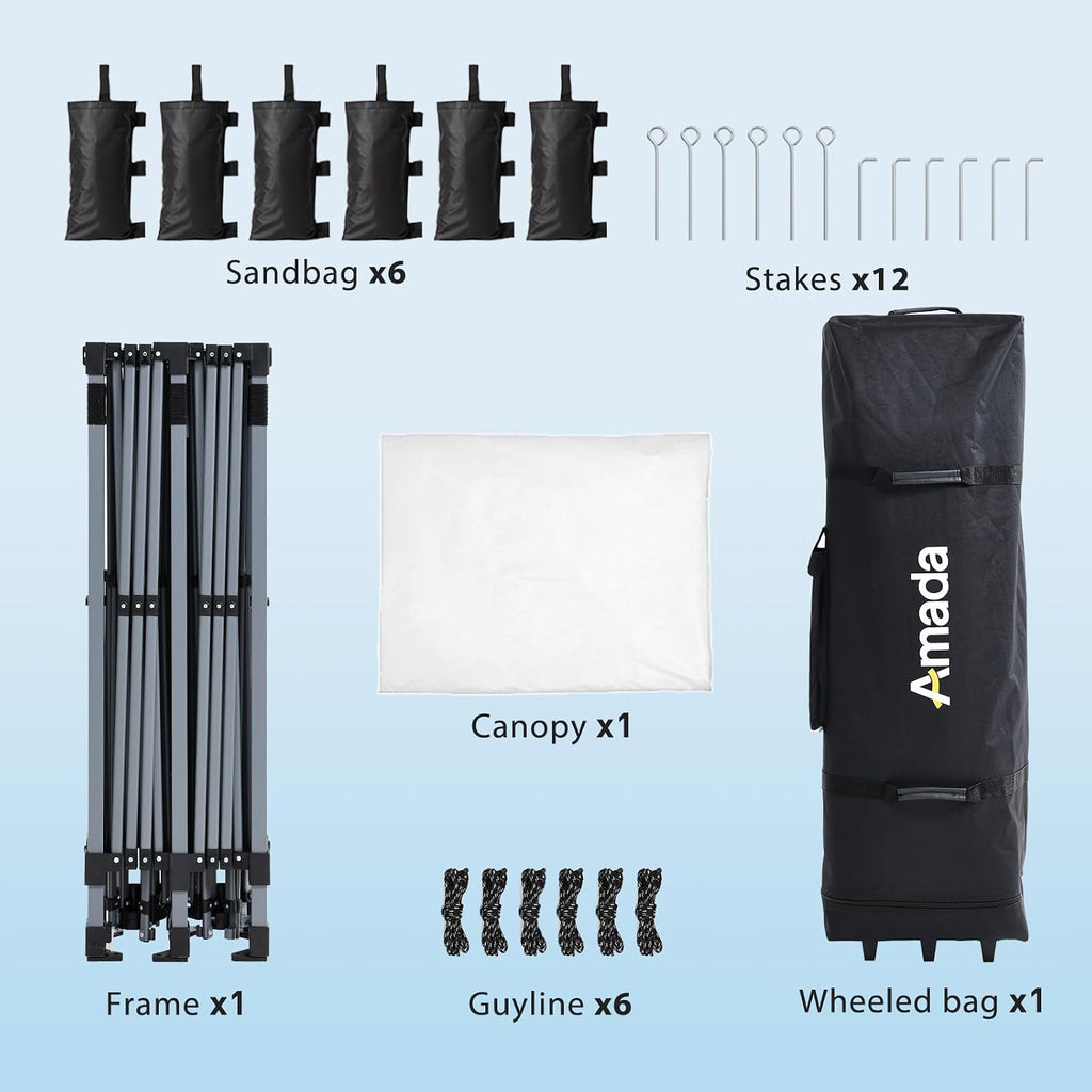 Amada 20x10 Pop Up Canopy Tent - Center Lock One Push Commercial Instant Canopies with 3-Height Adjustable & Wheeled Bag, 12 Stakes 6 Sandbags 6 Ropes, Great for Trade Shows, Events (20x10ft, White)