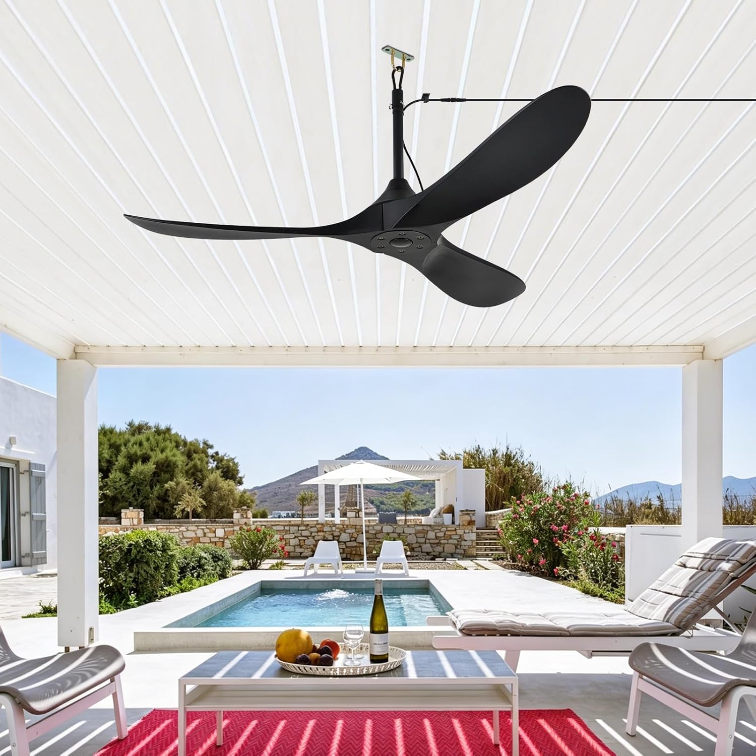 52 inch Outdoor Ceiling Fan no Light Waterproof - Plug in Hanging Hook for Patio, Porch, Gazebo - Wet Rated Weatherproof Exterior Black 3 Blades Ceiling Fan with Remote