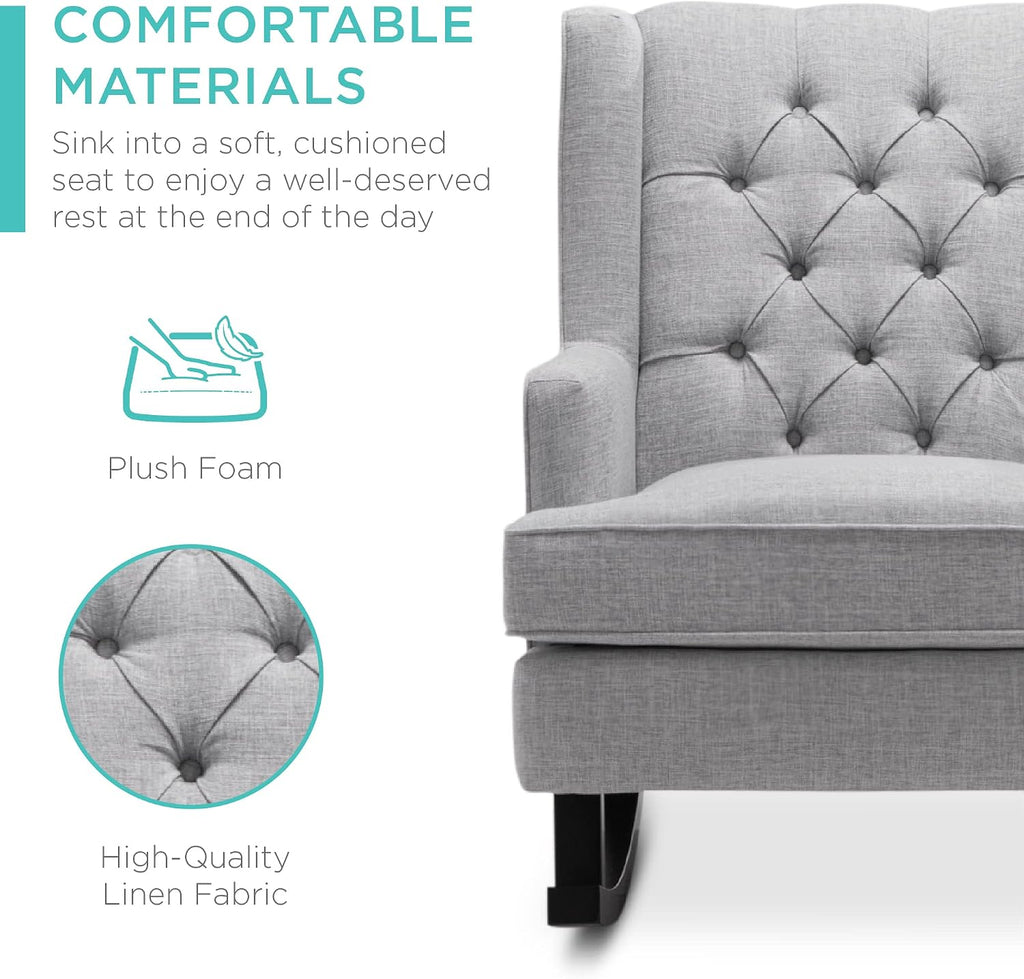 Best Choice Products Rocking Accent Chair, Tufted Upholstered Luxury Velvet Wingback for Nursery, Living Room, Bedroom w/Wood Frame - Gray
