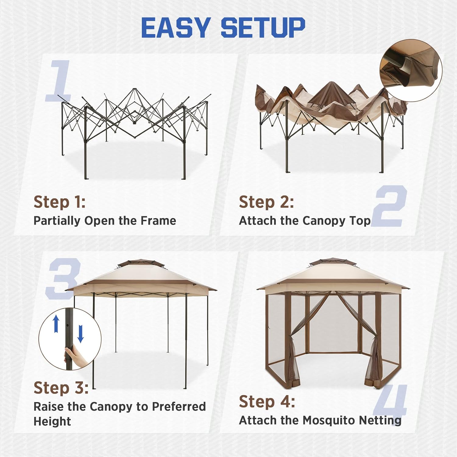 EAGLE PEAK 6-Sided Outdoor Camping Pop Up Gazebo w/Screen Netting, 13x13 Double-Tier Hexagonal Outdoor Canopy Tent for Patio, Garden, Party, Backyard, Beige