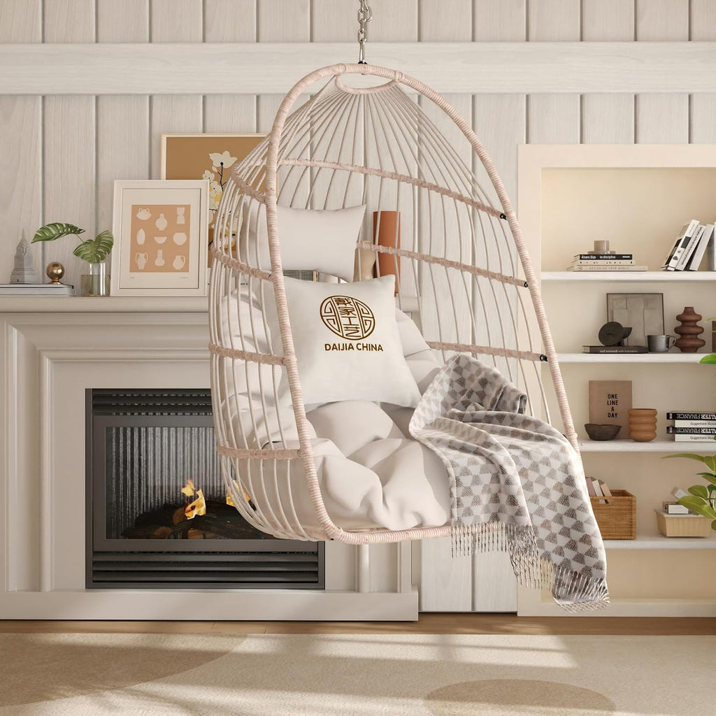 Foldable Hanging Egg Chair with Stand and Pillow, HDPE Rattan and Heavy Duty Aluminum-Steel Frame, Outdoor Patio Wicker Swing Egg Chair with Headrest and Cushioned, 350 Lbs Capacity (Beige)