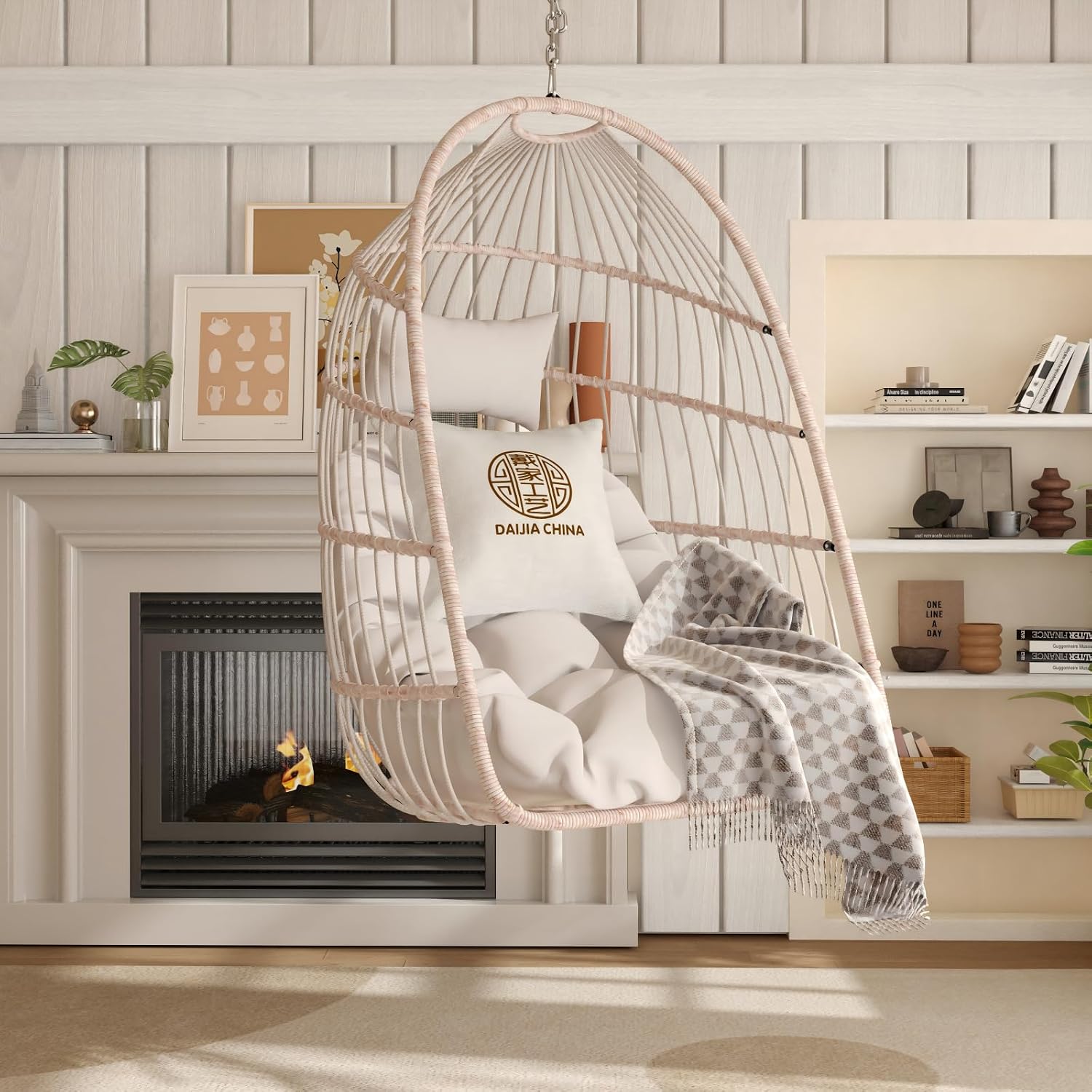 Foldable Hanging Egg Chair with Stand and Pillow, HDPE Rattan and Heavy Duty Aluminum-Steel Frame, Outdoor Patio Wicker Swing Egg Chair with Headrest and Cushioned, 350 Lbs Capacity (Beige)