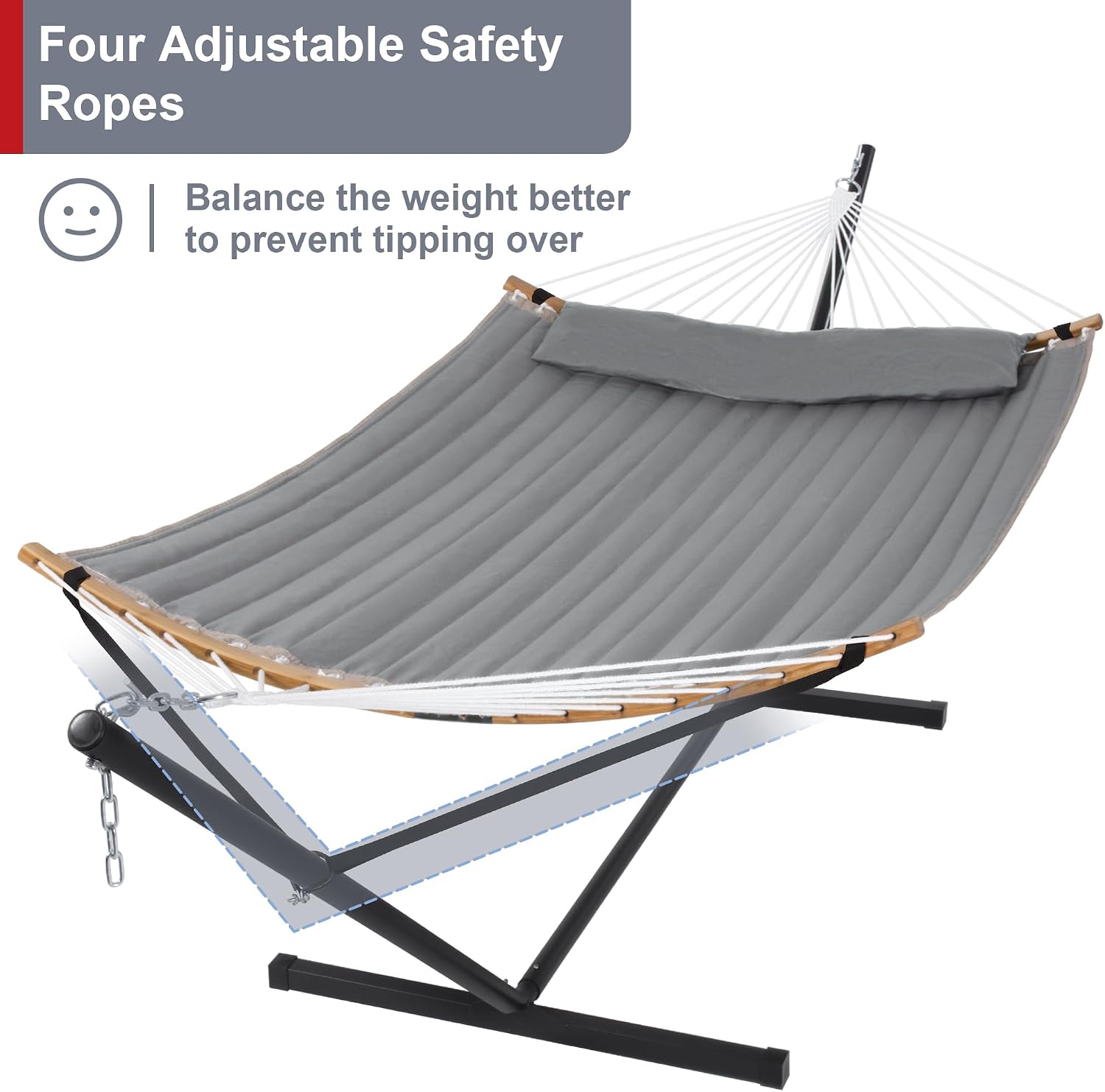 Outdoor Hammock with Stand Included, Heavy Duty Hammock with Curved Spreader Bar, Pillow and Portable Bag, 450 Lbs Capacity, Grey