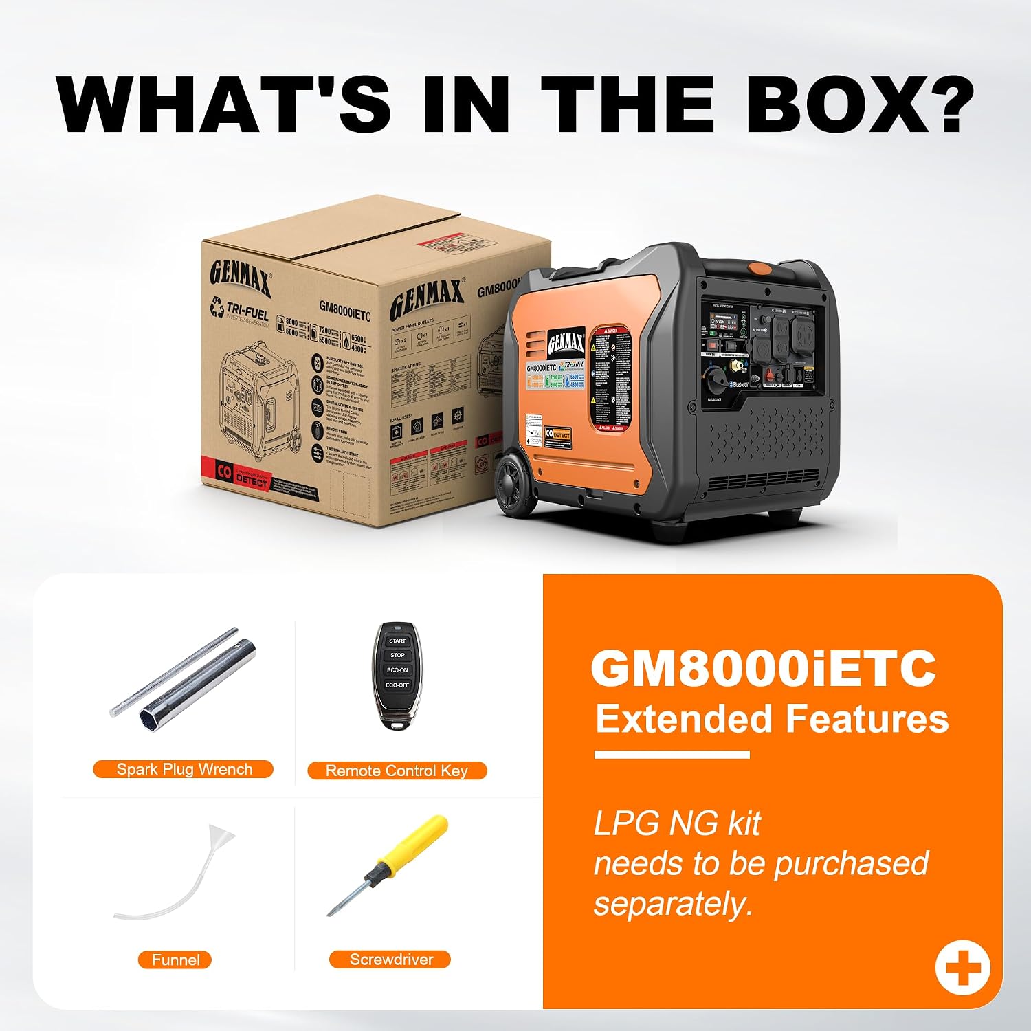 GENMAX 8000w Tri-Fuel Inverter Generator(2026Model)Features2Wire Auto Start/Stop,bluetooth APP Control,CO Sensor,Digital Display&50A Outlet-Ideal for Home Backup&Camping,EPA&CARB Compliant(GM8000iETC)