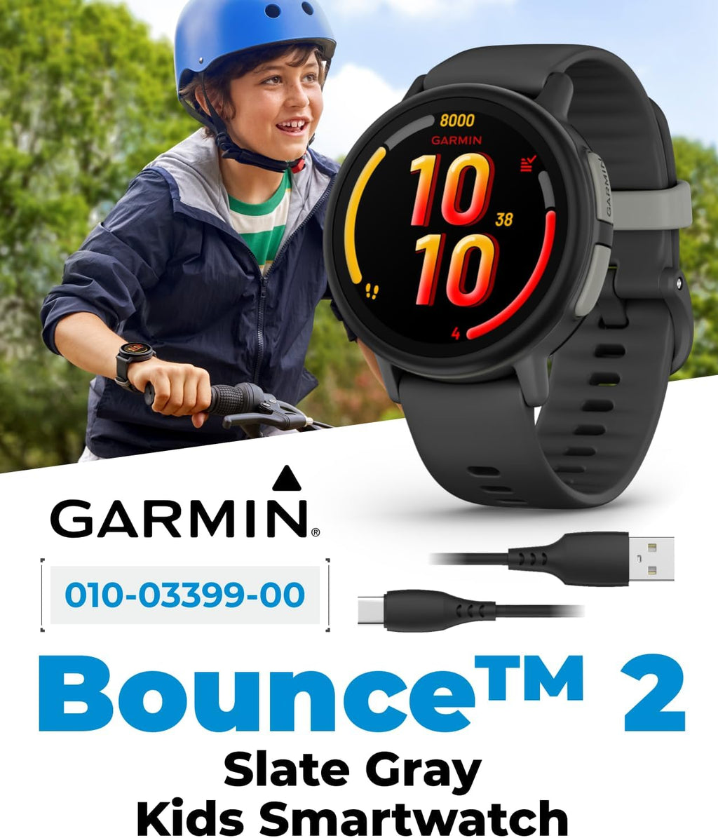 Garmin Bounce 2 Kids Smartwatch with LTE – Two-Way Calling, Text Messaging, Real-Time GPS Tracking, Swim-Friendly AMOLED Display, Music, Slate Gray w/Wearable4U White Earbuds Bundle