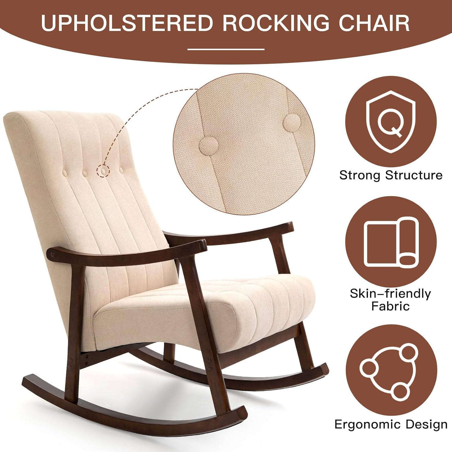 AVAWING Upholstered Rocking Chair with Fabric Padded Seat, Comfortable Rocker Solid Wood for Living Room, Modern High Back Armchair for Adult, Beige