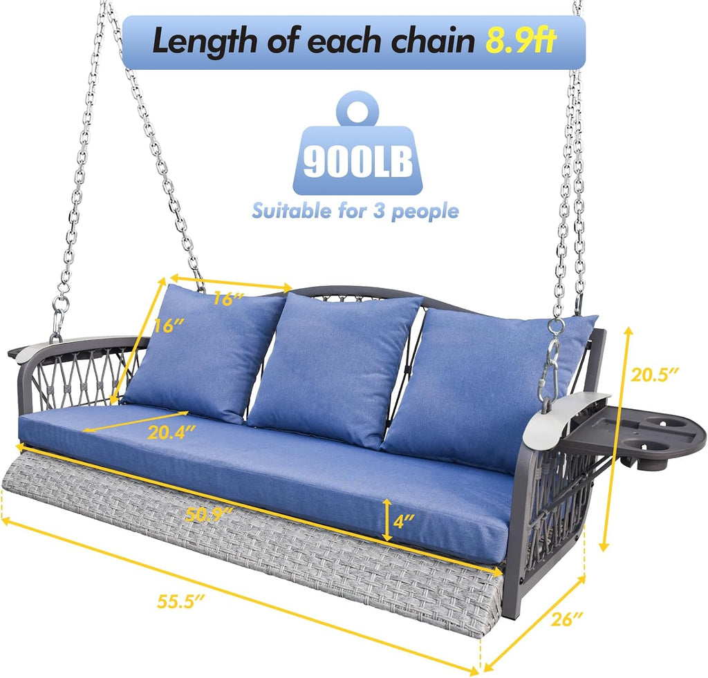 ZZW Wicker Porch Swing Heavy Duty 900 LBS 3-Seat Outdoor Patio Swing Chair with Cushions & 8.9ft Chains Outdoor Hanging Bench with Upgraded Cup Holders for Garden Deck Backyard