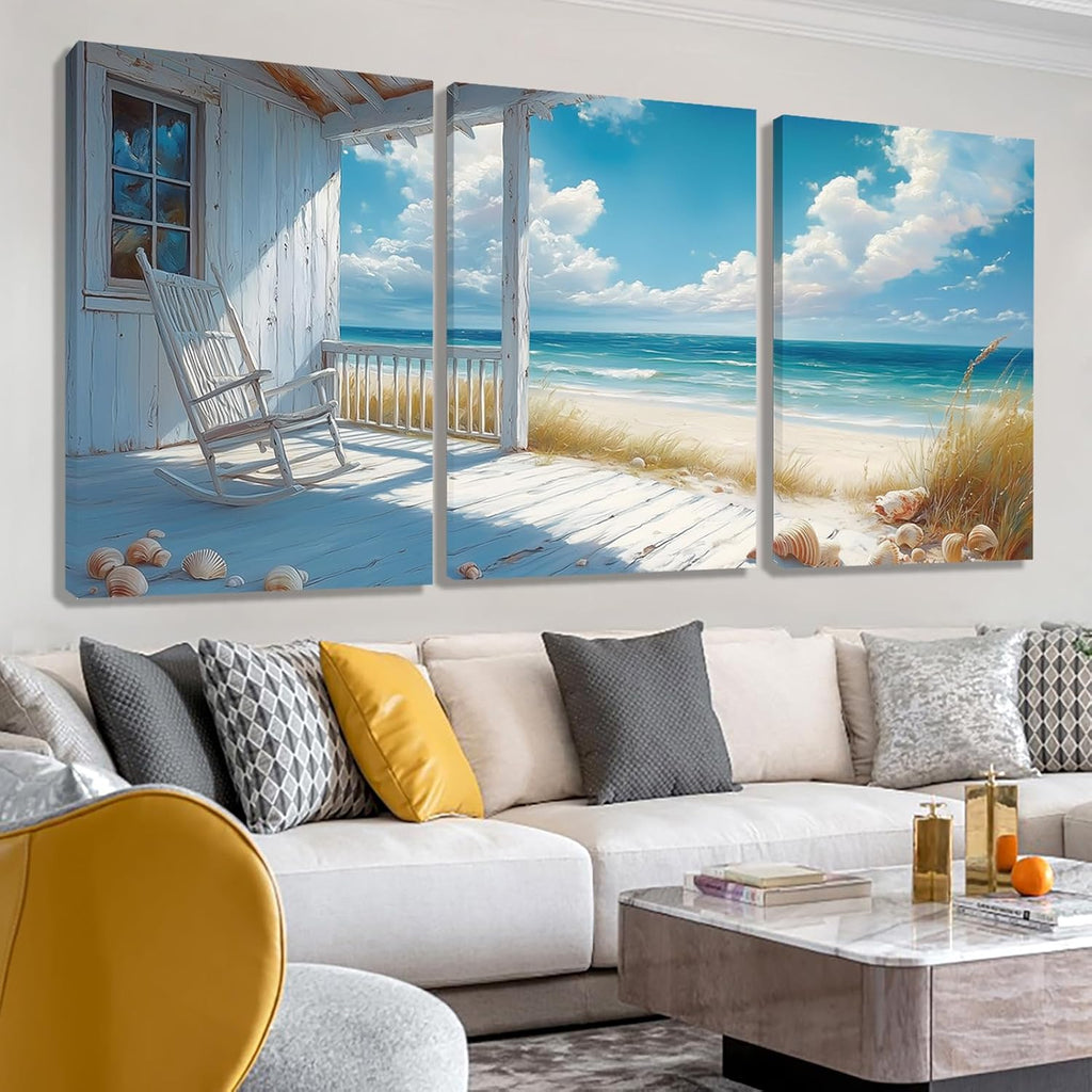Sutanun 3-Piece Beach Canvas Wall Art – Rocking Chair Porch with Ocean View – Coastal Nautical Wall Décor for Living Room, Bedroom, Office (24' x 36' x 3 pcs)