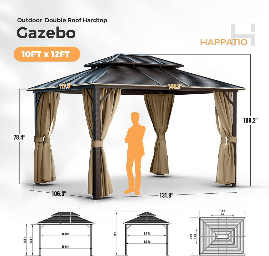 HAPPATIO 10' x 12' Hardtop Gazebo with Aluminum Frame, Outdoor Gazebo Hardtop with Galvanized Steel Double Roof for Deck, Backyard, Patio, Lawns (Brown)