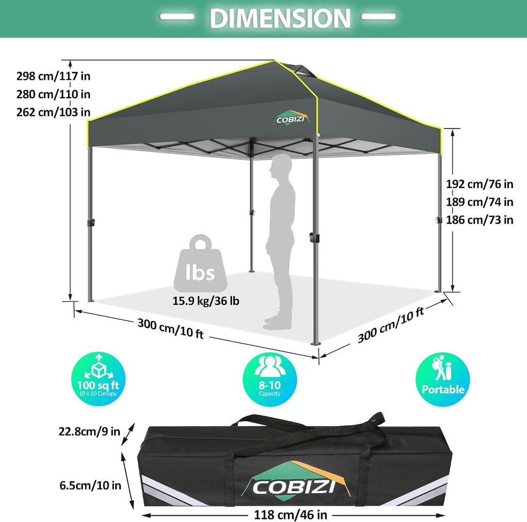 COBIZI Canopy 10x10 Pop Up Canopy Tent 1-Button Push Easy up Outdoor Canopy Instant Portable Commercial Shelter Waterproof UPF50+ Gazebo with Reflective Strip, Air Vent & 4 Sandbags,Grey