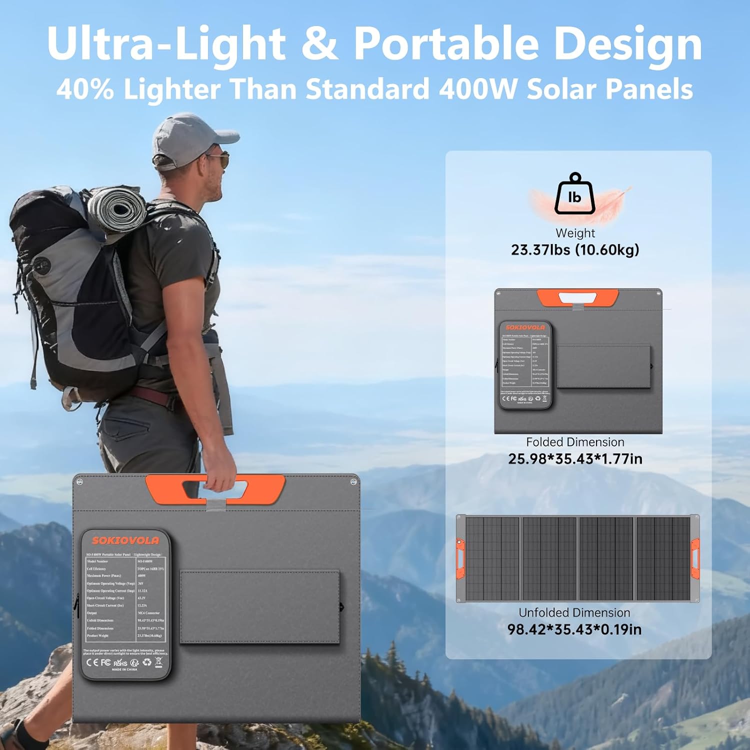SOKIOVOLA 400W Portable Solar Panel for EF/Jackery/Bluetti/Anker Power Station,Ultra-Lightweight ETFE Foldable Solar Panel,25% High Efficiency,MC4 Output,for Outdoor Camping, Emergency Power Supply
