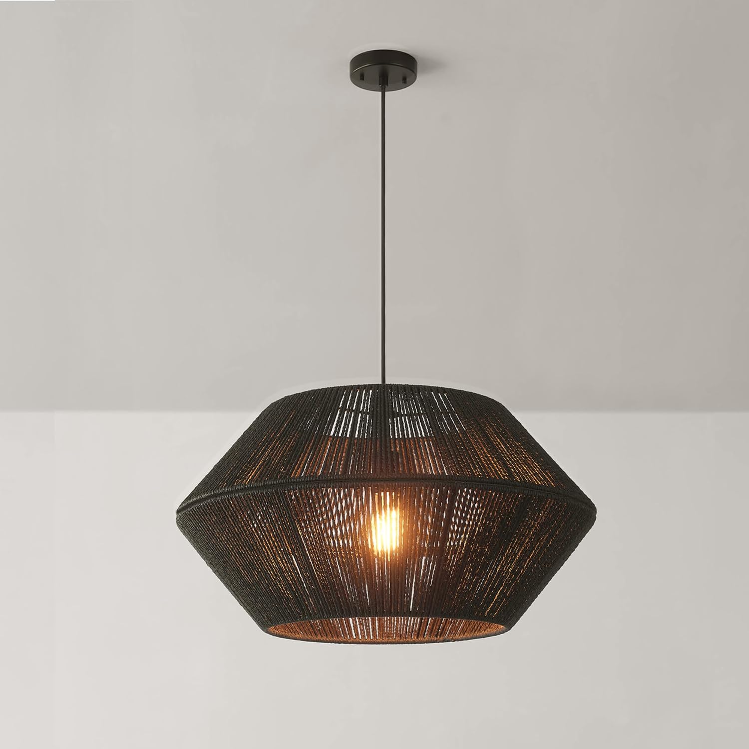GLOBE Electric 65470 1-Light Chandelier, Matte Black Shade and Canopy, Natural Twine, Cloth Cord, Modern Hanging Lights for Kitchen Island, Bedroom, or Dining Room, Dimmer Switch Compatible