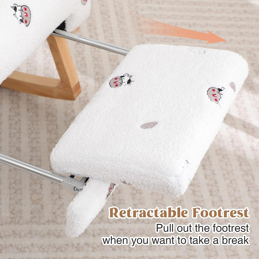 HCHAIRH Rocking Chair Nursery with Foot Rest, Nursing Rocking Chairs for Mom Breastfeeding, Teddy Rocker Glider Chair with High Backrest for Living Room, Bedroom, Cow Printed White