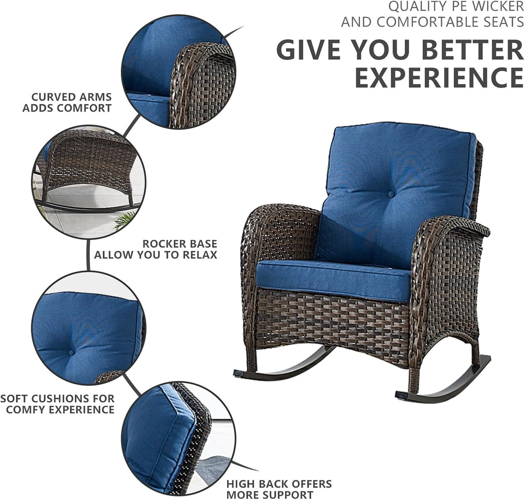 Belord Patio Rocking Chairs Furniture Set of 6, Outdoor Wicker Furniture Sets with Wicker Rocker, Small Patio Conversation Sets with Outdoor Couch Ottomans Brown/Blue