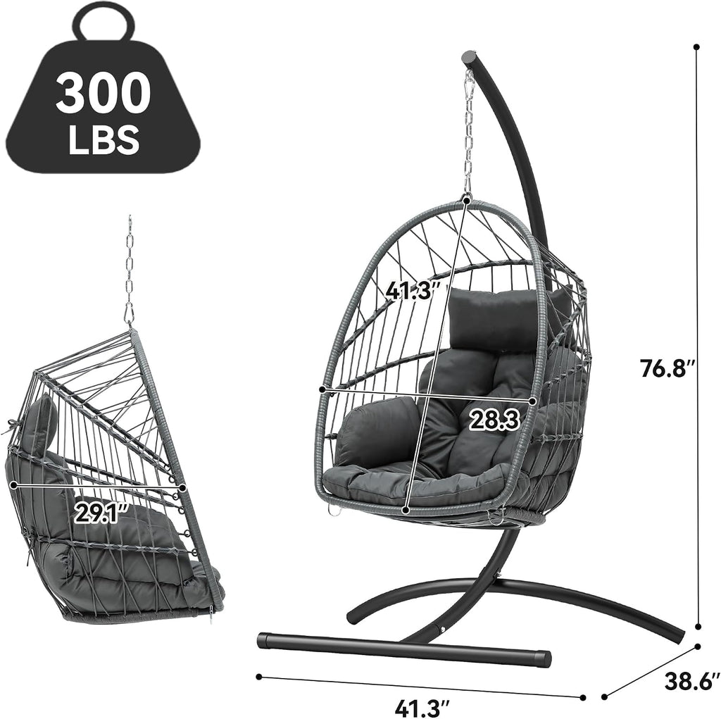 YITAHOME Hanging Egg Chair, Outdoor Patio Wicker Hammock Egg Chair Indoor with Cushion, Rattan Swing Chair 300lbs for Balcony, Garden Bedroom, Gray with Stand