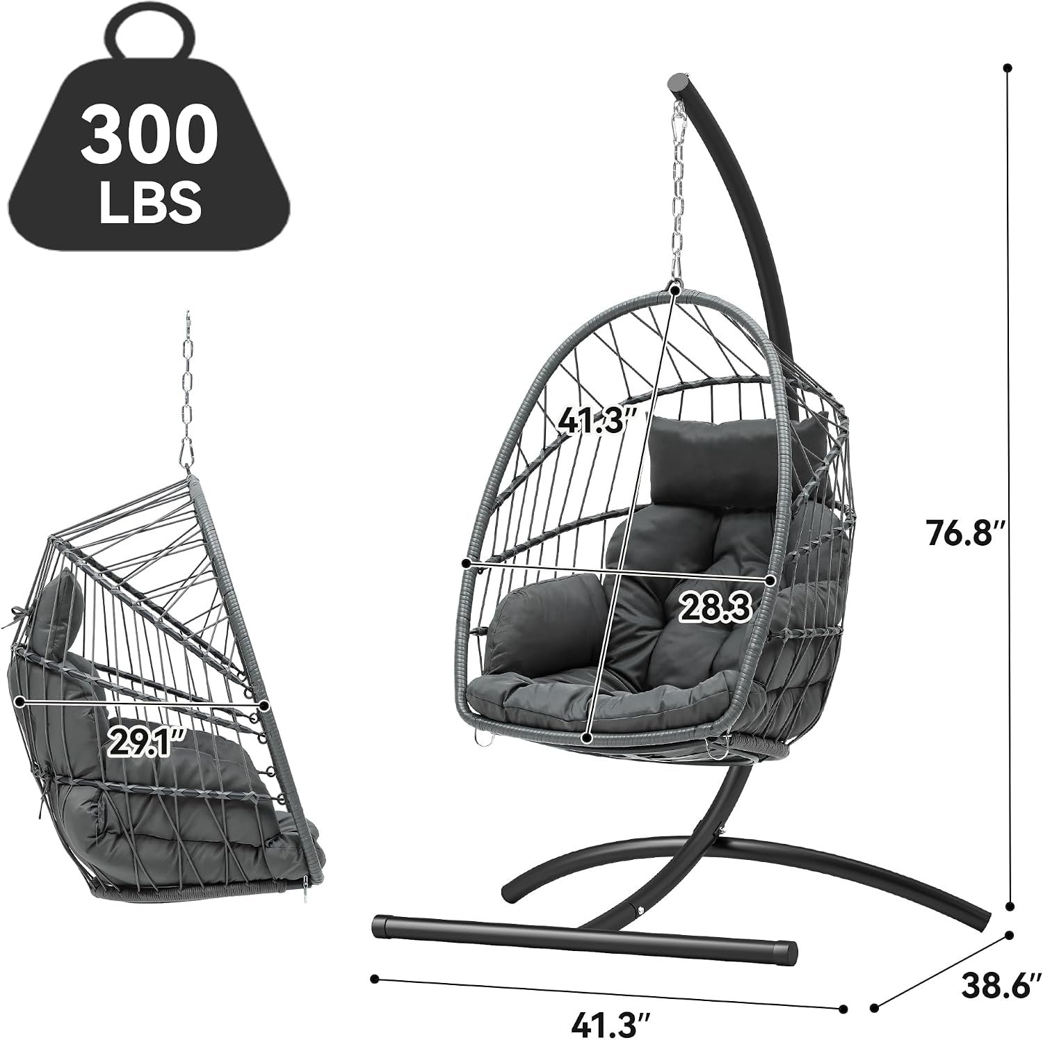 YITAHOME Hanging Egg Chair, Outdoor Patio Wicker Hammock Egg Chair Indoor with Cushion, Rattan Swing Chair 300lbs for Balcony, Garden Bedroom, Gray with Stand