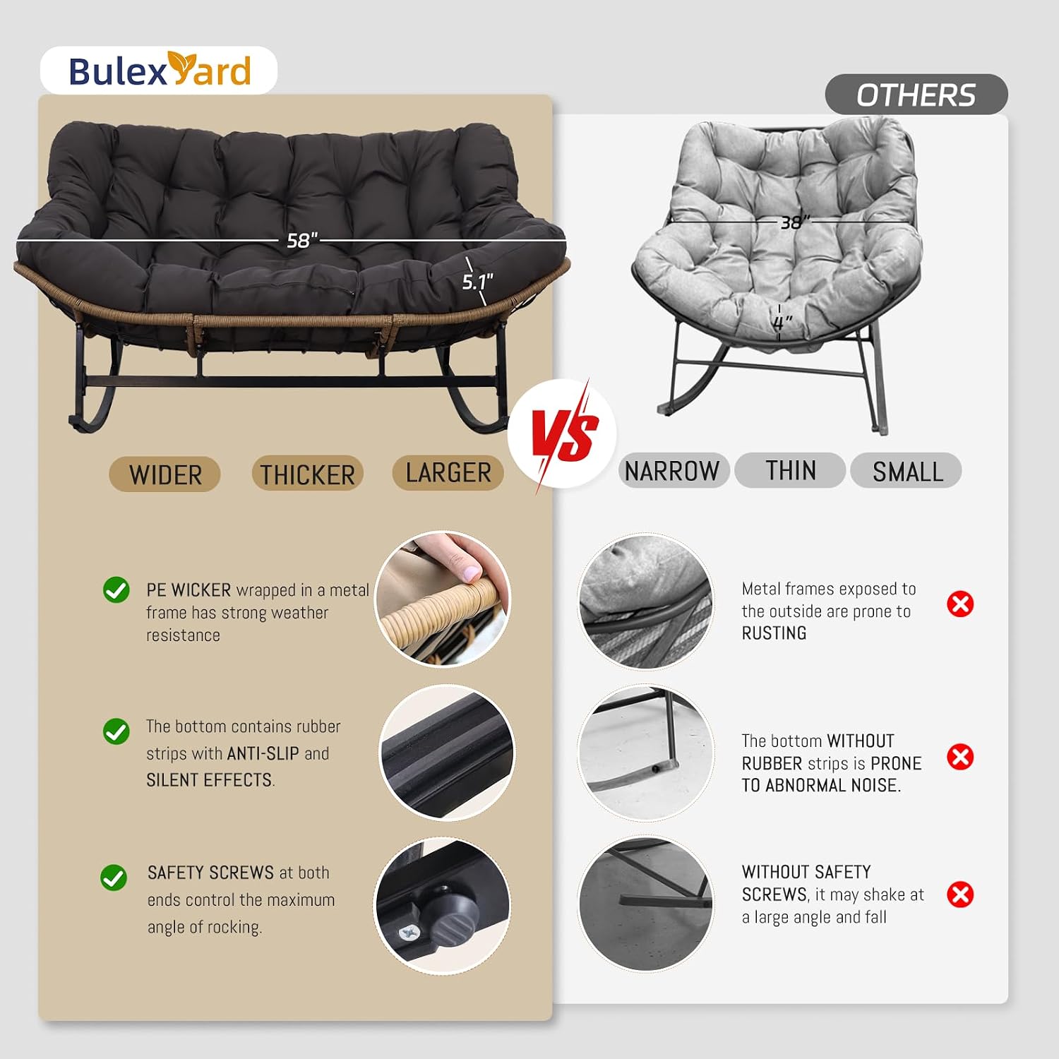 BULEXYARD Double Papasan Rocking Chair Indoor Outdoor, 2 Person Wicker Rocking Egg Chair with Dark Grey Thick Cushion, Oversized Large Patio Lounge Loveseat for Balcony, Porch, Garden, Lawn