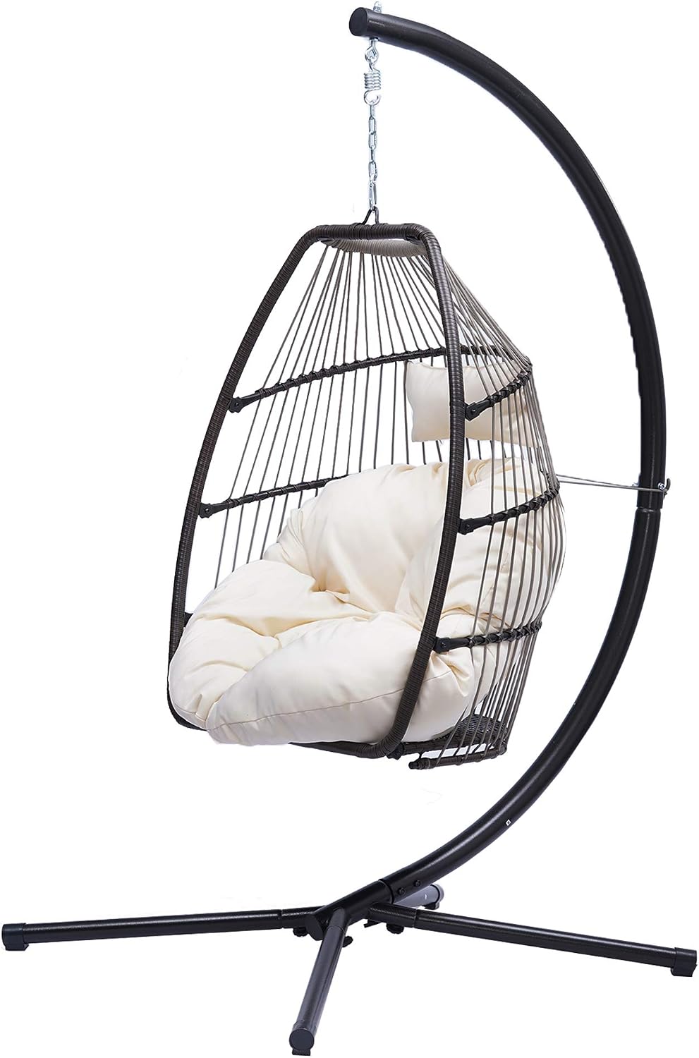 Modern Patio Wicker Folding Hanging Chair,Rattan Swing Hammock Egg Chair with C Type Bracket,with Cushion and Pillow,for Indoor,Outdoor,Beige