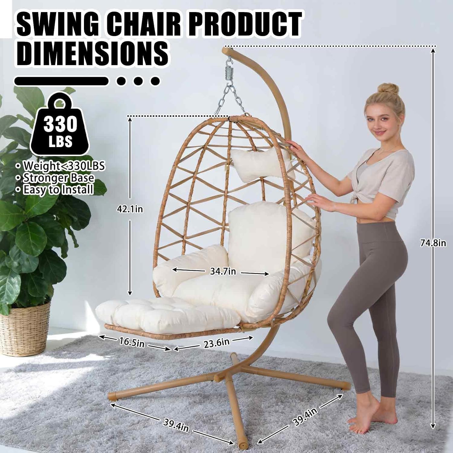 Hanging Egg Chair with Stand & Leg Rest,Rattan Wicker Swing Chair with Cushion,Patio Basket Hanging Chair Wicker Hammock Chair for Indoor Outdoor Bedroom Garden,300LBS (Yellow Rattan&Cream Cushion)