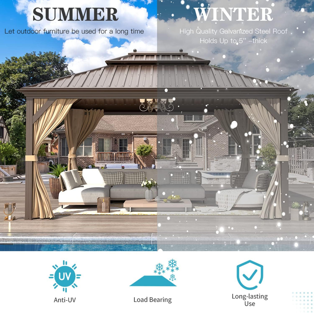 EROMMY 12' X 14' gazebos on Clearance, Hardtop Gazebo Aluminum Gazebos with Galvanized Steel Double Roof for Patio Lawn and Garden, Curtains and Netting Included, Dark Bronze