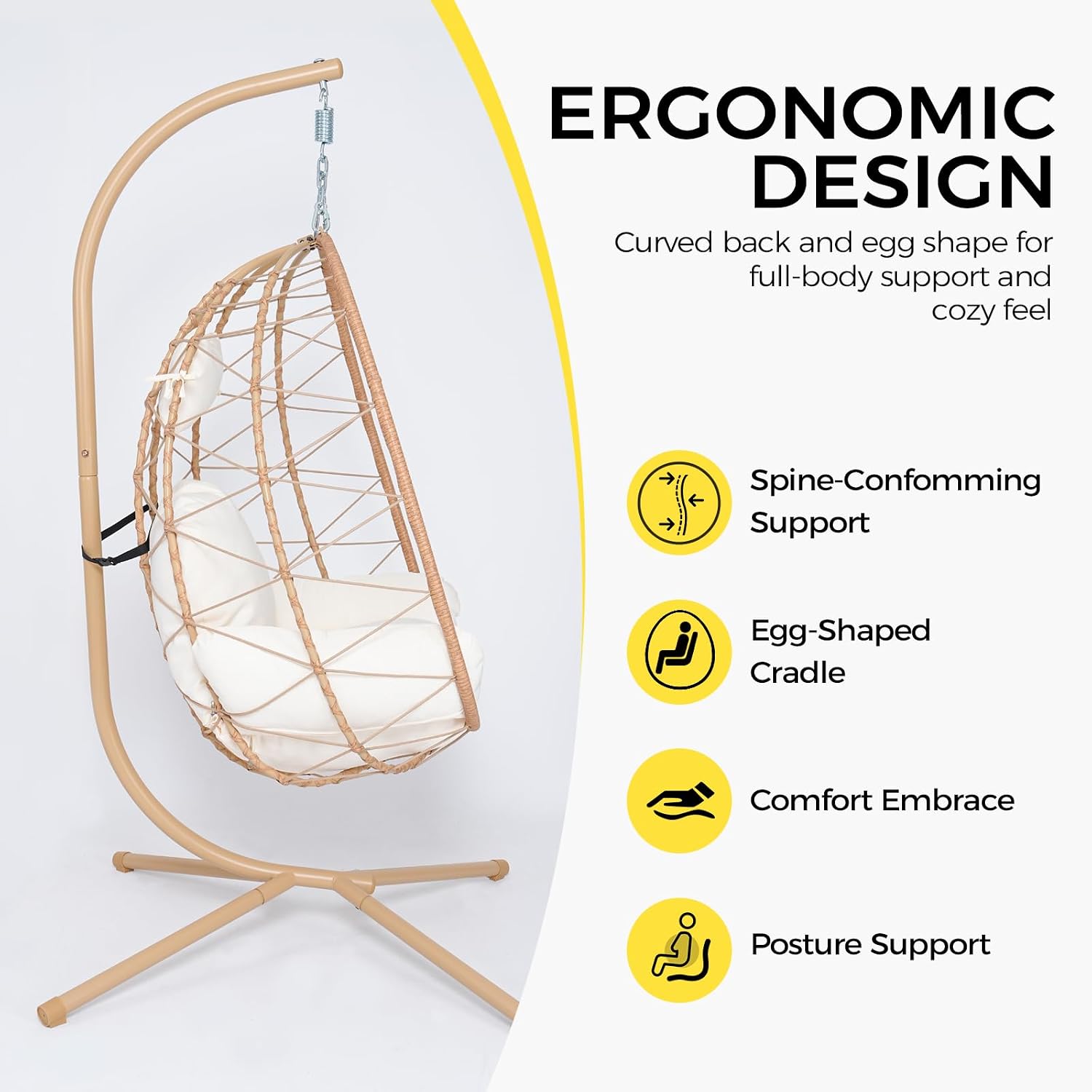 Egg Chair with Stand, Wicker Hanging Chair for Outdoor Patio, Cushioned Hammock Swing for Bedroom Garden Indoor/Outdoor, Double-Zipper Structure Hanging Egg Chair (Yellow Frame and White Cushion)