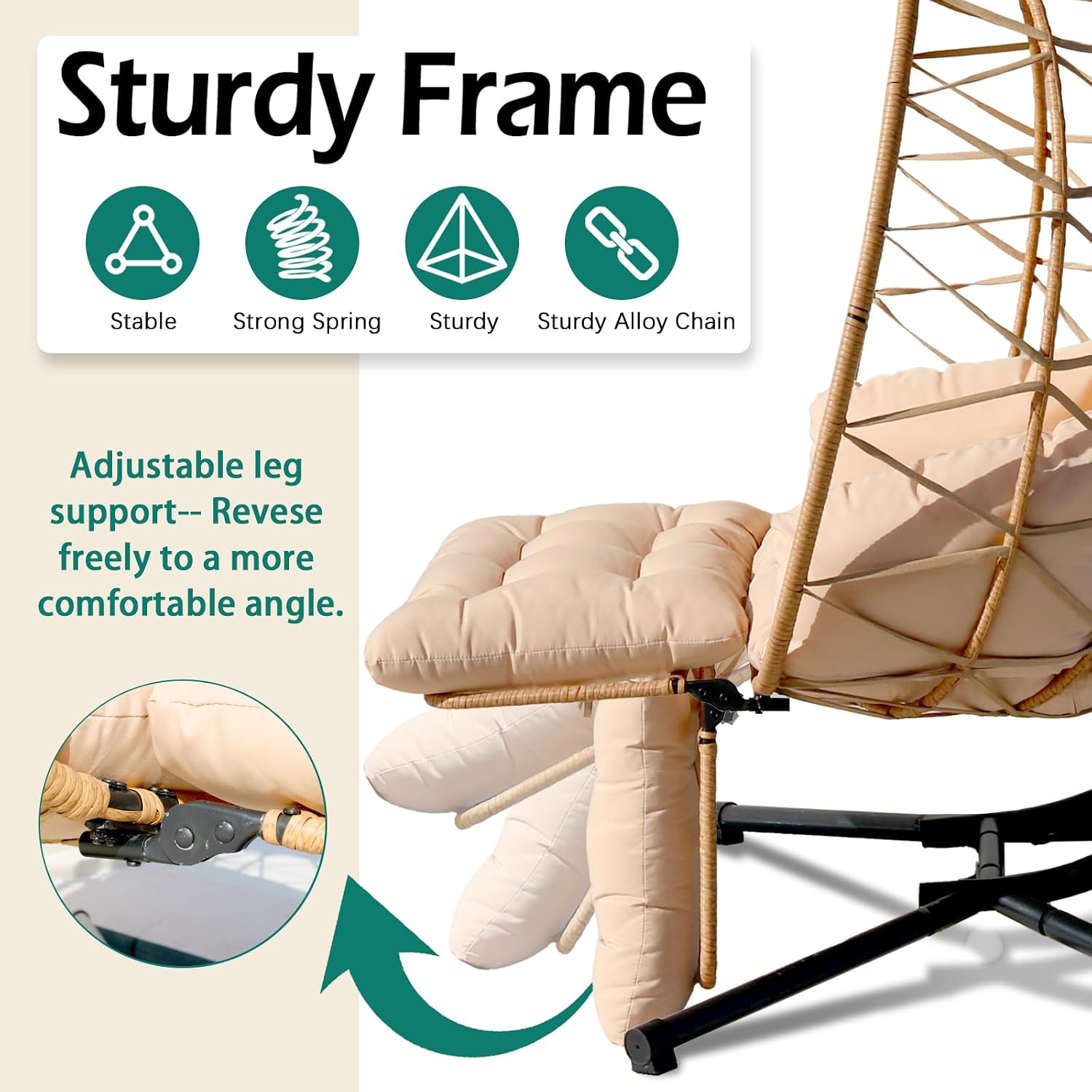 Double Egg Chair with Foldable Stand/Adjustable Canopy 2 Person Outdoor Hammock Swing Chair UV Resistant Removable Cushions for Outdoor Patio Balcony Garden (Beige)