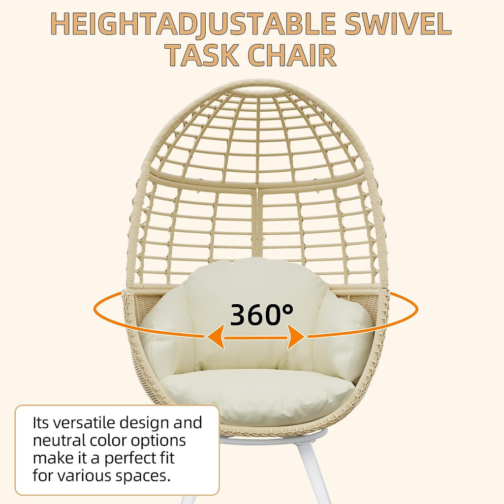 TWT Egg Swivel Chair Beige Outdoor - Rattan Wicker Patio Hammock Chair with Metal Frame and UV Resistant Cushion for Indoor Bedroom Balcony (Swivel Base)