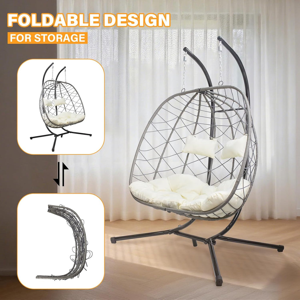 Egg Swing Chair with Stand, Outdoor Patio 2 Person Hanging Wicker Hammock Chairs with Cushion for Indoor Bedroom, Lawn, Garden