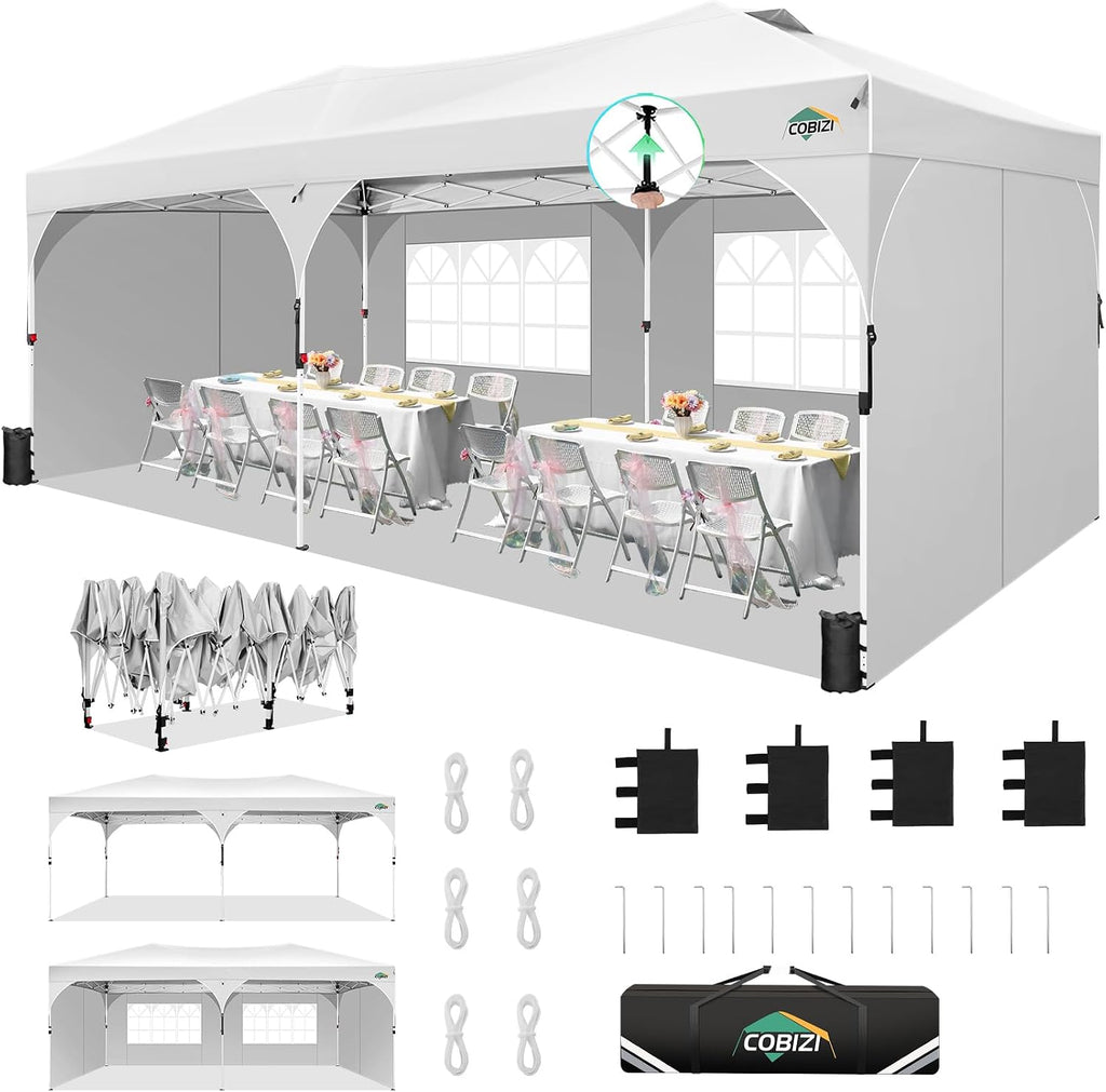 COBIZI 10x20 Pop Up Canopy Tent, Outdoor Party Tent with 4 Sidewalls, 1 Person Easy Set up, Tents for Parties with Fluorescent Strip & 4 Sandbags, Waterproof UPF50+, 3 Adjustable Height, White