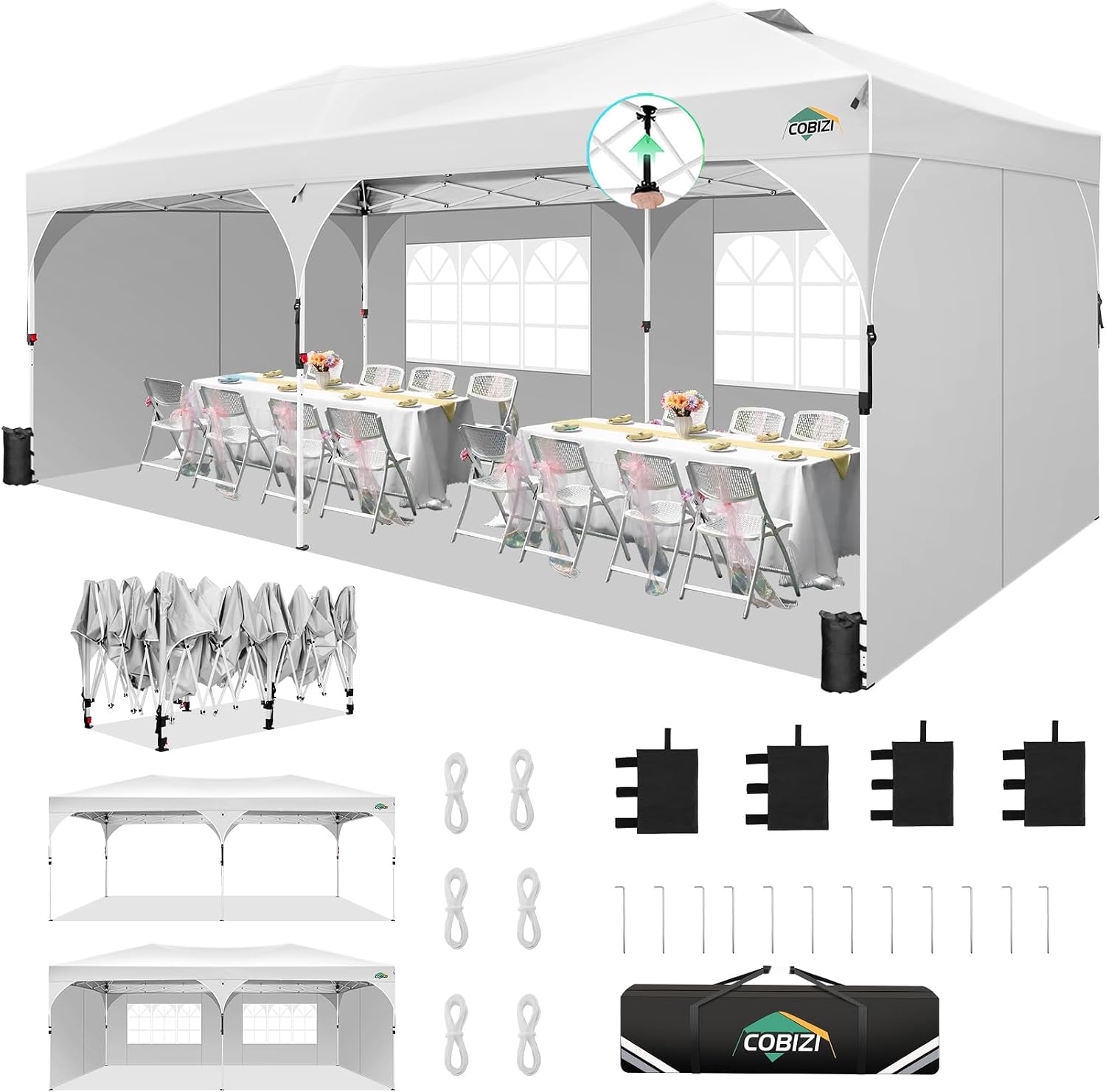 COBIZI 10x20 Pop Up Canopy Tent, Outdoor Party Tent with 4 Sidewalls, 1 Person Easy Set up, Tents for Parties with Fluorescent Strip & 4 Sandbags, Waterproof UPF50+, 3 Adjustable Height, White
