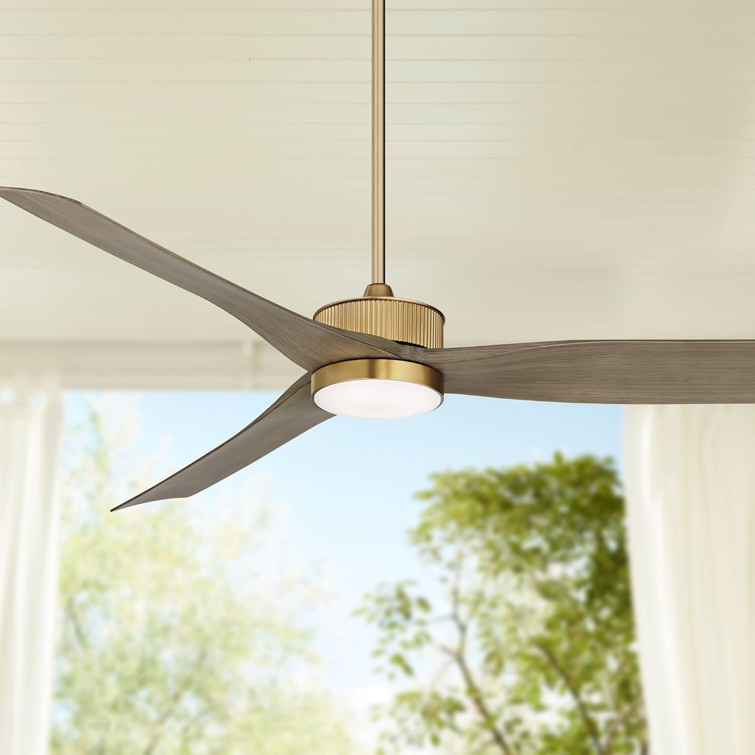 Casa Vieja 60' Montage Modern Outdoor Ceiling Fan with Dimmable LED Light Remote Control Warm Brass Brown Wood Blades Damp Rated for Patio Exterior House Home Porch Gazebo Includes 36' Downrod
