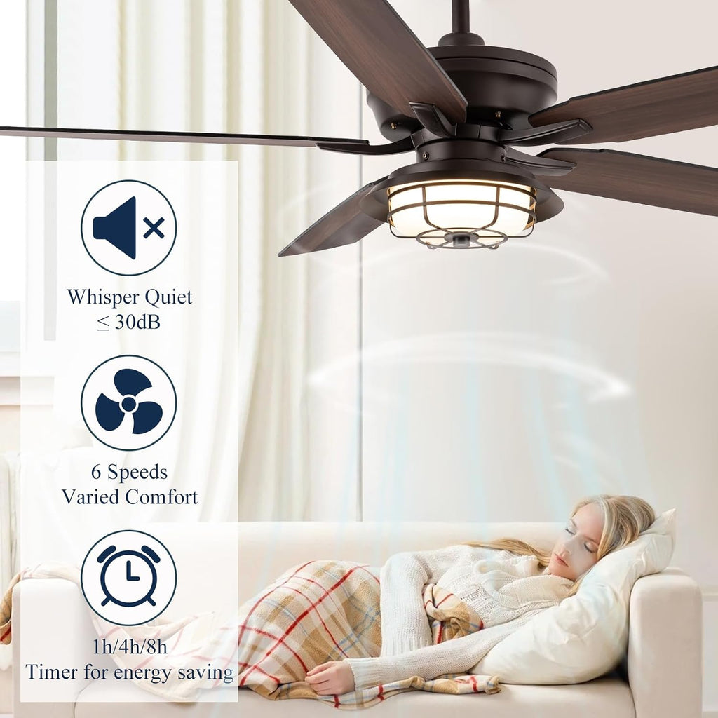 NORFOLK Outdoor Ceiling Fans with Lights and Remote, Waterproof 60 Inch Ceiling Fan with 3 Color LED Light for Patios, Gazebos, and Indoor, Wet Rated Farmhouse Modern Style