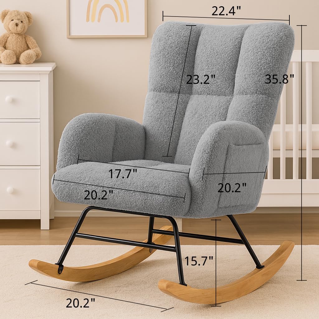 COMHOMA Nursery Rocking Chair, Teddy Upholstered Glider Rocking Chair with Side Pockets, Accent Chair with High Backrest Reading Chair for Adult, Nursery, Bedroom, Living Room,Offices(Grey)