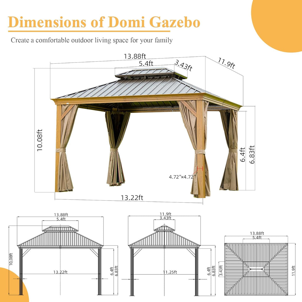 Domi Hardtop Gazebo 12x14FT, Outdoor Gazebo with Galvanized Steel Double Roof, Aluminum Frame, Built-in Gutter System, Curtain and Netting, Metal Gazebo Pavilion for Patio Deck Garden, Wood-Looking