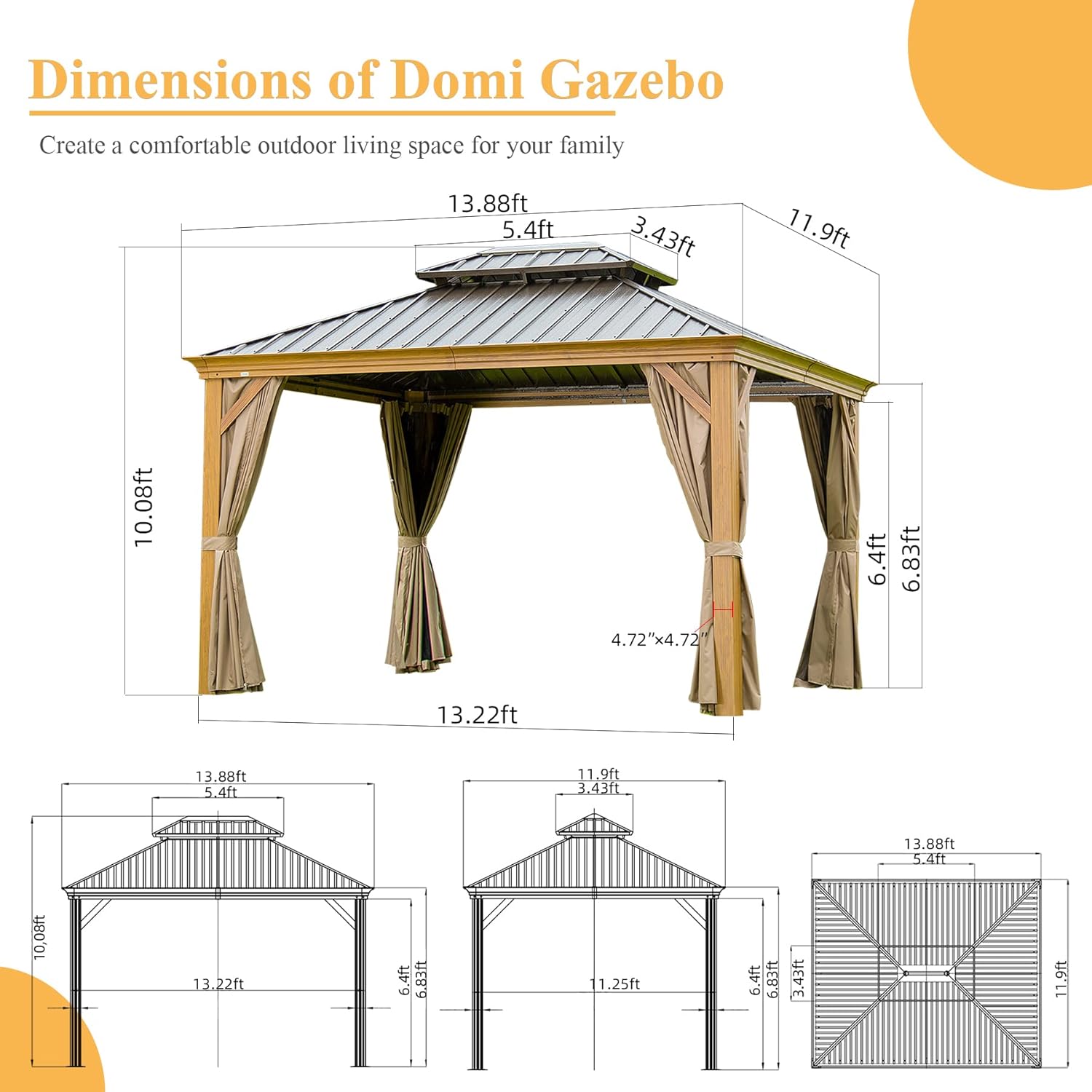 Domi Hardtop Gazebo 12x14FT, Outdoor Gazebo with Galvanized Steel Double Roof, Aluminum Frame, Built-in Gutter System, Curtain and Netting, Metal Gazebo Pavilion for Patio Deck Garden, Wood-Looking