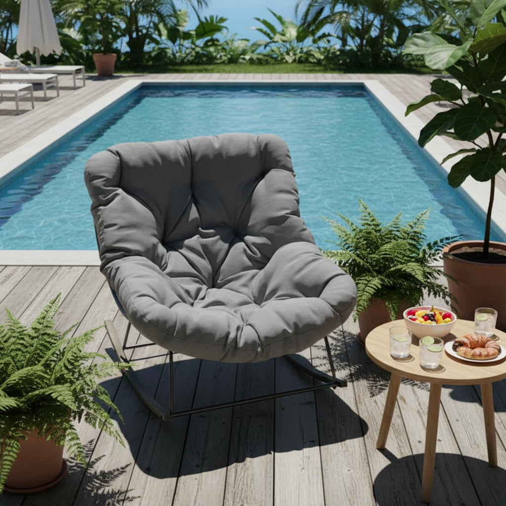 Outdoor Patio Rocking Chair, Oversized Papasan Chair with Cushion and Frame, Comfy Modern Rocker Egg Chair for Living Room, Garden Backyard, Grey