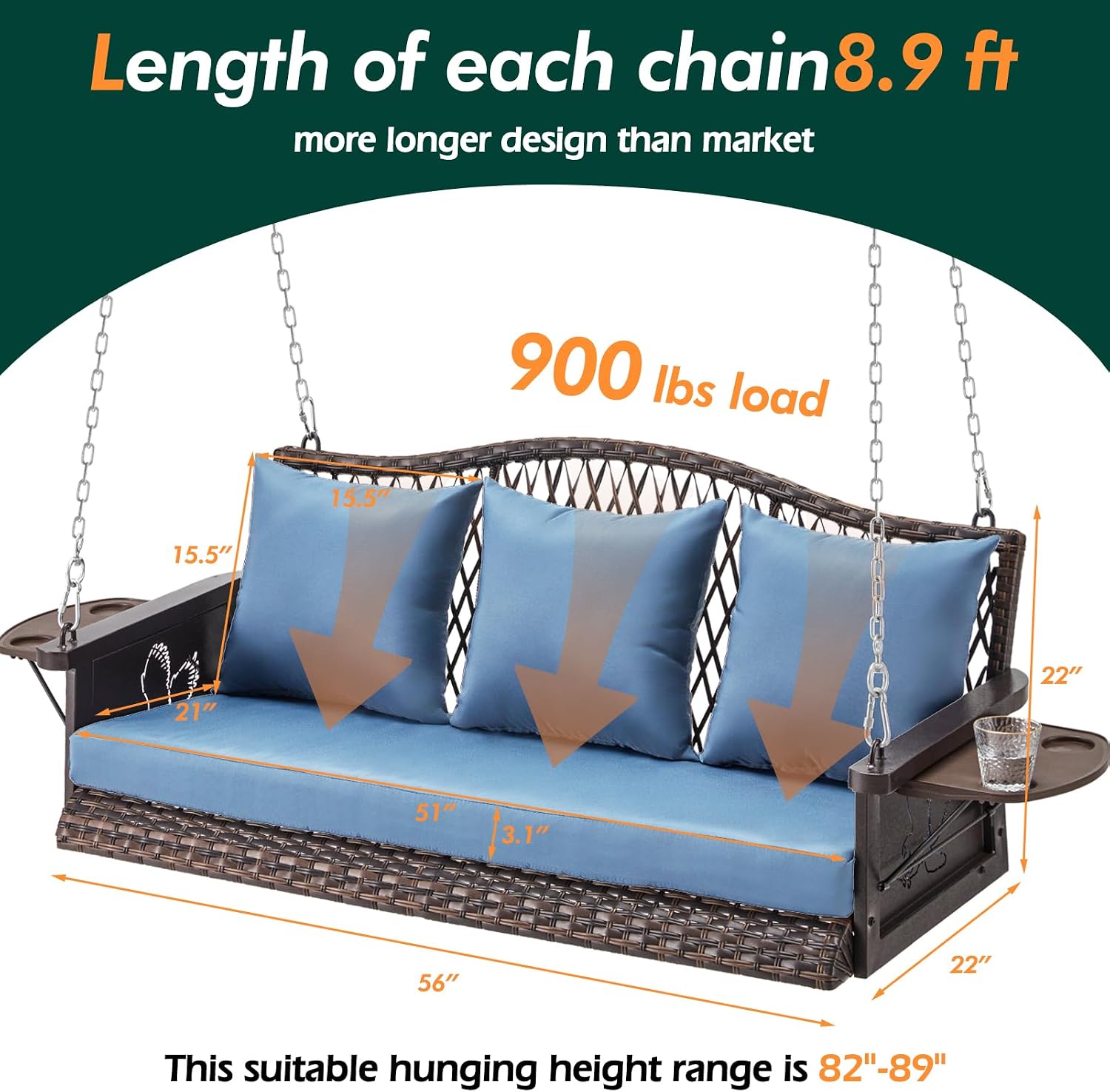 ZZW Upgraded Wicker Hanging Porch Swing Heavy Duty 900 LBS 3-Seat Outdoor Patio Swing Chair Bench for Adult w/ 8.9ft Hanging Chains Cushions and Cup Holder