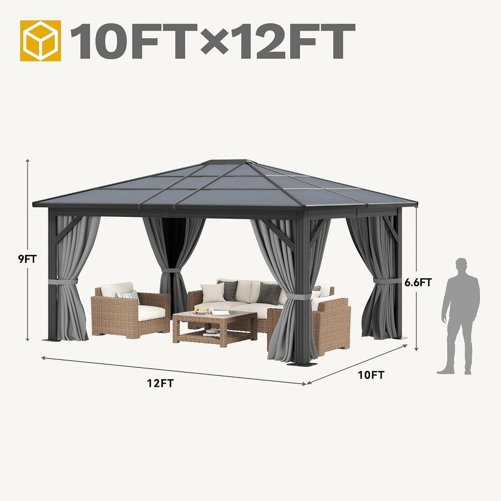 DWVO 10x12ft Gazebo Hardtop Single Roof Polycarbonate Canopy Outdoor with Netting and Shaded Curtains, Metal Frame Garden Tent for Patio, Backyard, Deck and Lawns, Gray