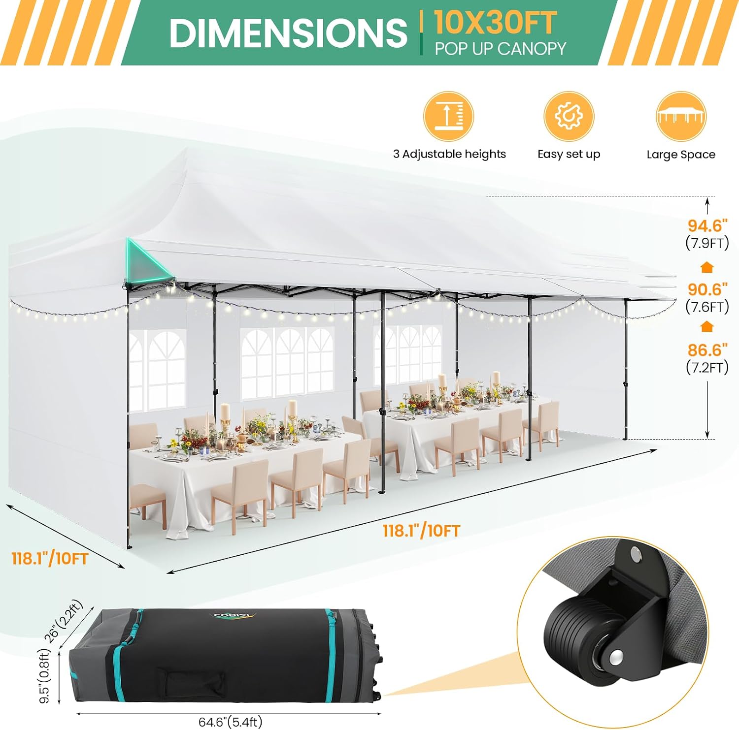 COBIZI 10x30 Pop Up Canopy Tent with Awning & Sidewalls, Heavy Duty Commercial 10X30 Canopy Tents Instant Waterproof, UPF 50+ Sun Shade for Outdoor, Parties, Markets (White)