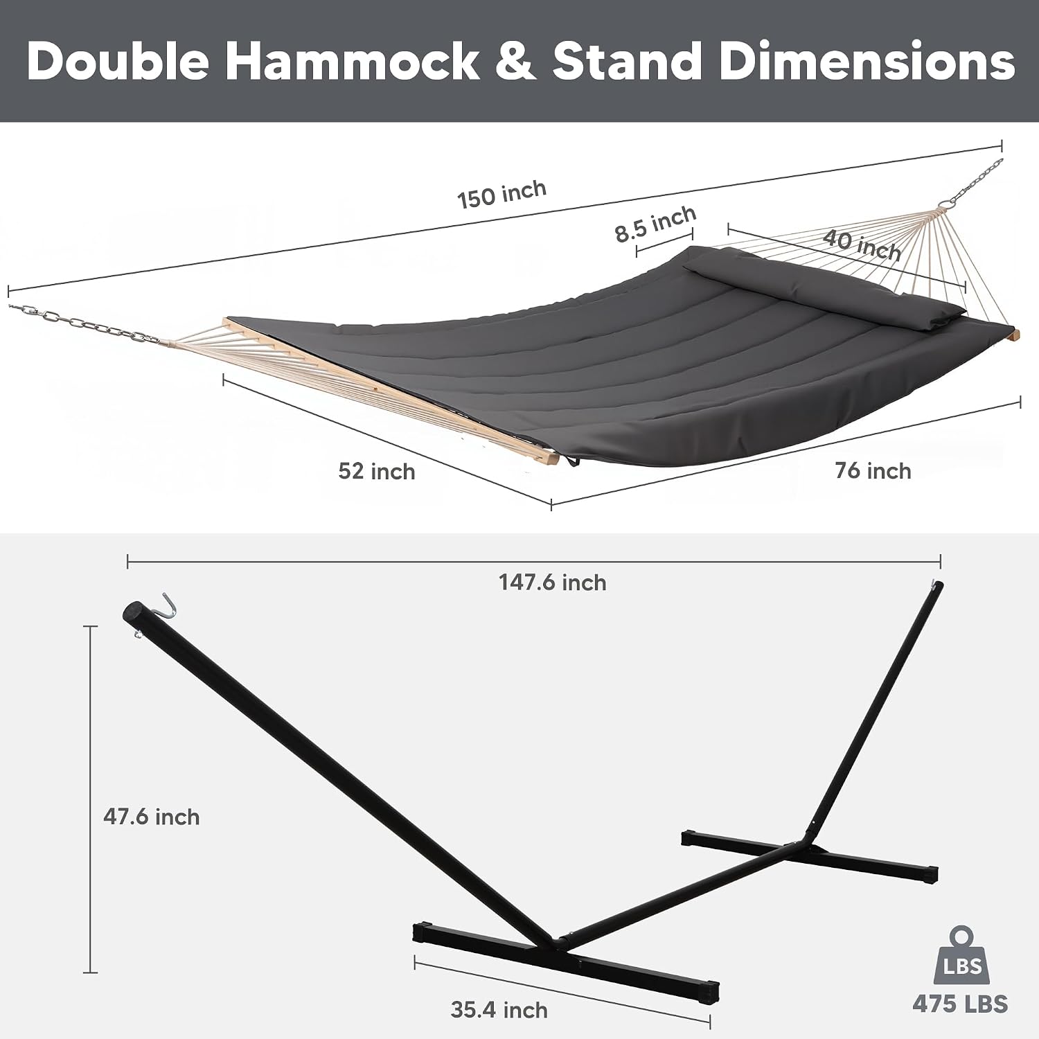 SUNCREAT Double Outdoor Hammock with Stand, Carrying Bag, Two Person Cotton Rope Hammock with Polyester Pad, Dark Gray