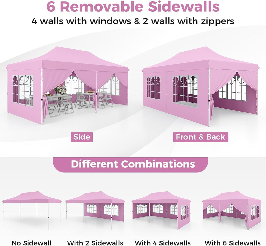 HAPPYGRILL 10x20 Pop Up Canopy Tent with Detachable Sidewalls, Waterproof UPF 50+ Outdoor Instant Gazebo Shelter with Carry Bag for Party Wedding Patio Garden, Pink