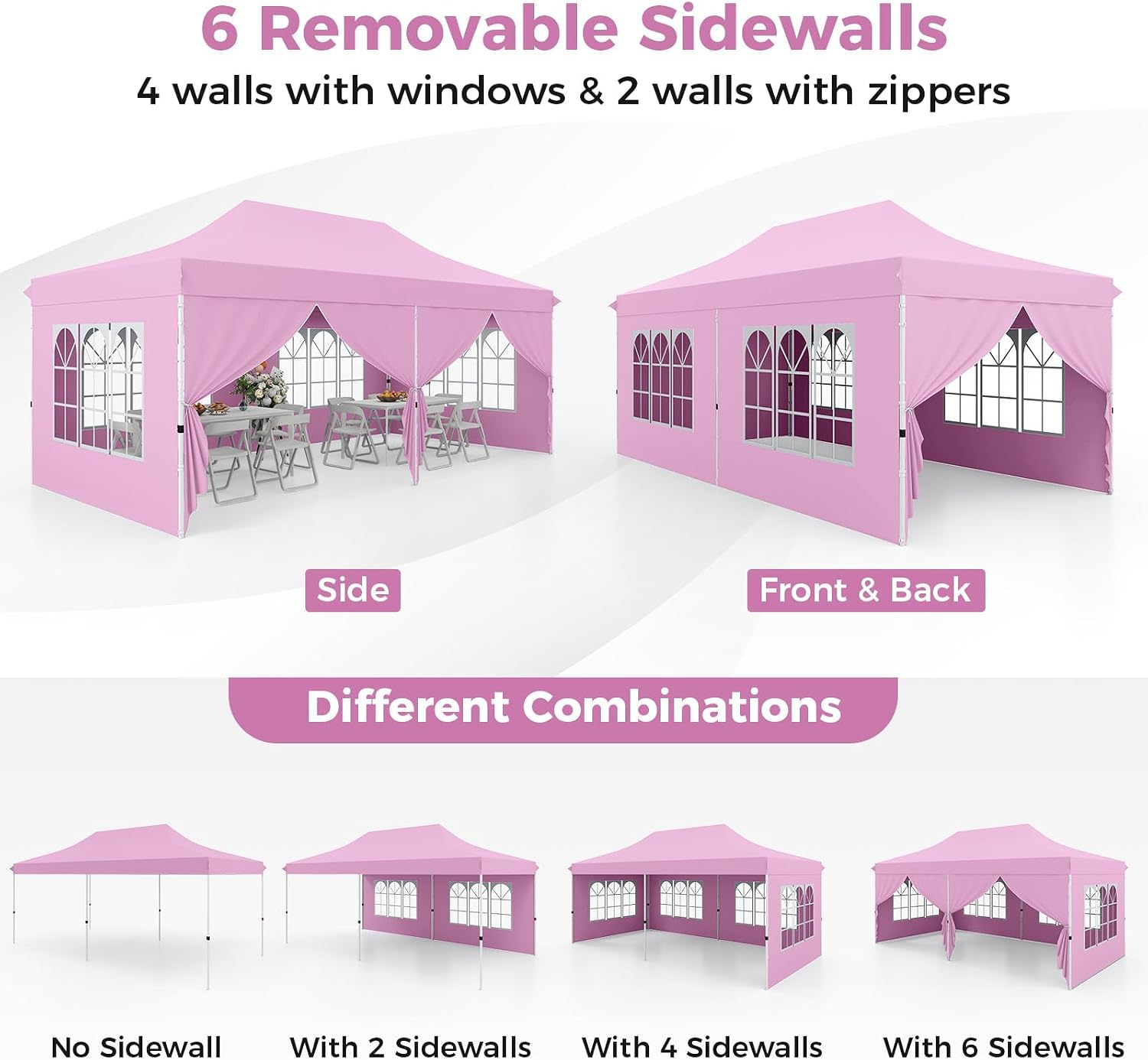 HAPPYGRILL 10x20 Pop Up Canopy Tent with Detachable Sidewalls, Waterproof UPF 50+ Outdoor Instant Gazebo Shelter with Carry Bag for Party Wedding Patio Garden, Pink