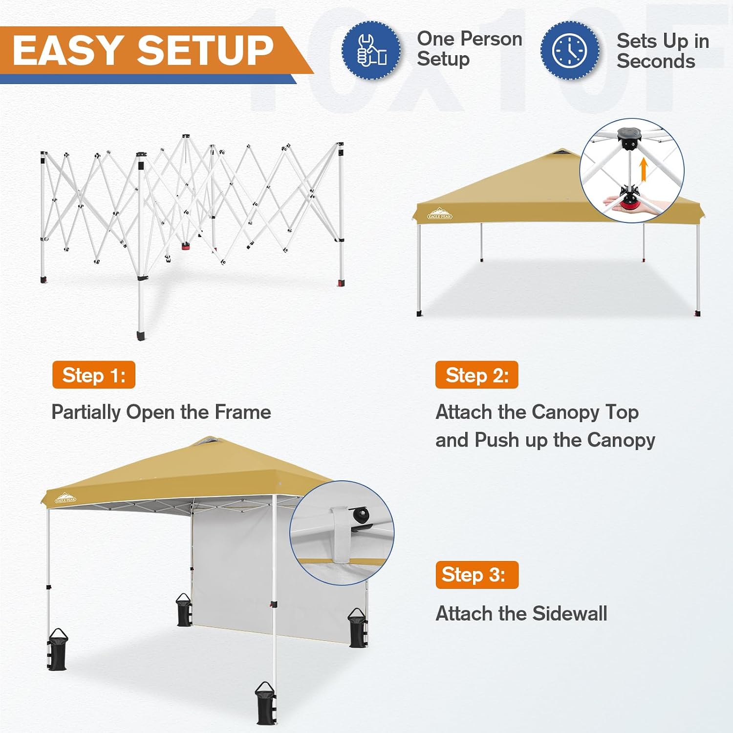 EAGLE PEAK Commercial Canopy 10x10 Pop Up Canopy Tent with 1 Sidewall, Easy Setup Heavy Duty Instant Event Shelter for Vendors & Markets, Outdoor Sun Shade, Beige