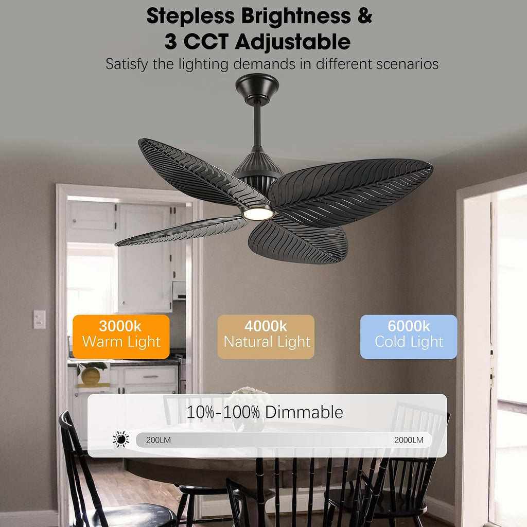 52' Tropical Ceiling Fans with Lights, Indoor Palm Leaf Ceiling Fan with Light and Remote for Living Room Bedroom, ABS Blades, Dimmable LED Lights, 6 Speeds, Adjustable Height-Black